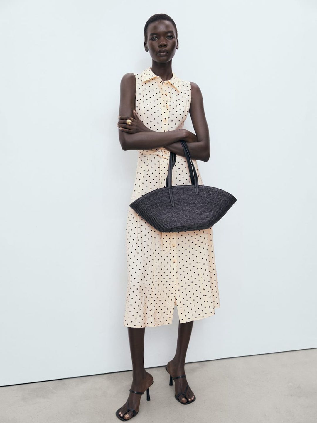 Polka Dot Printed Shirt Style Dress With Belt