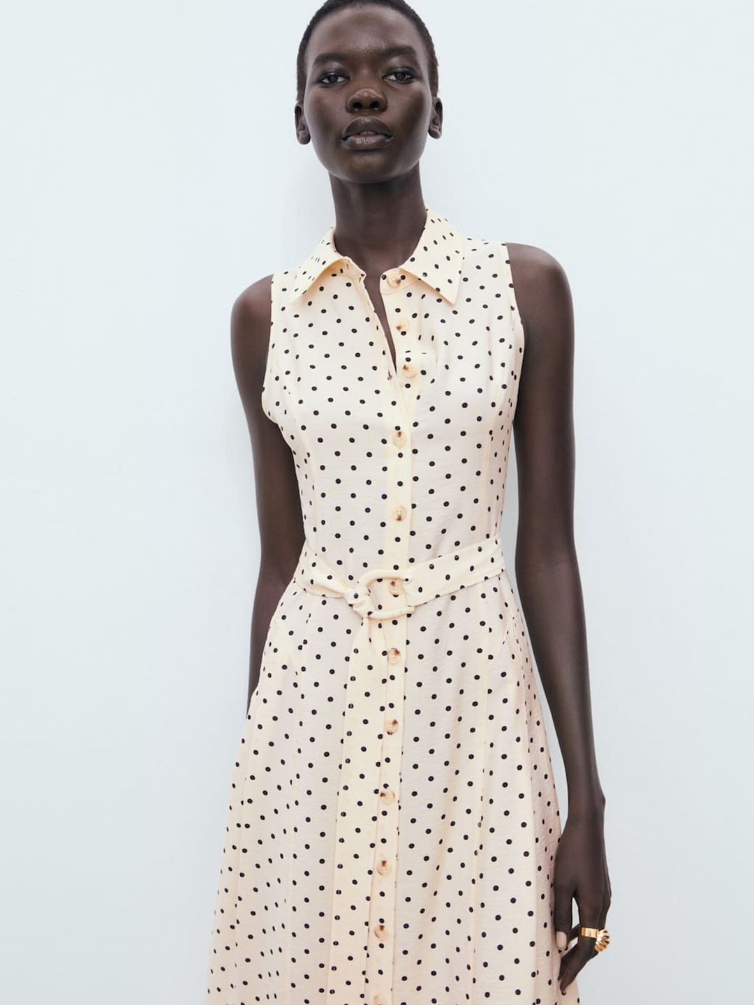 Polka Dot Printed Shirt Style Dress With Belt