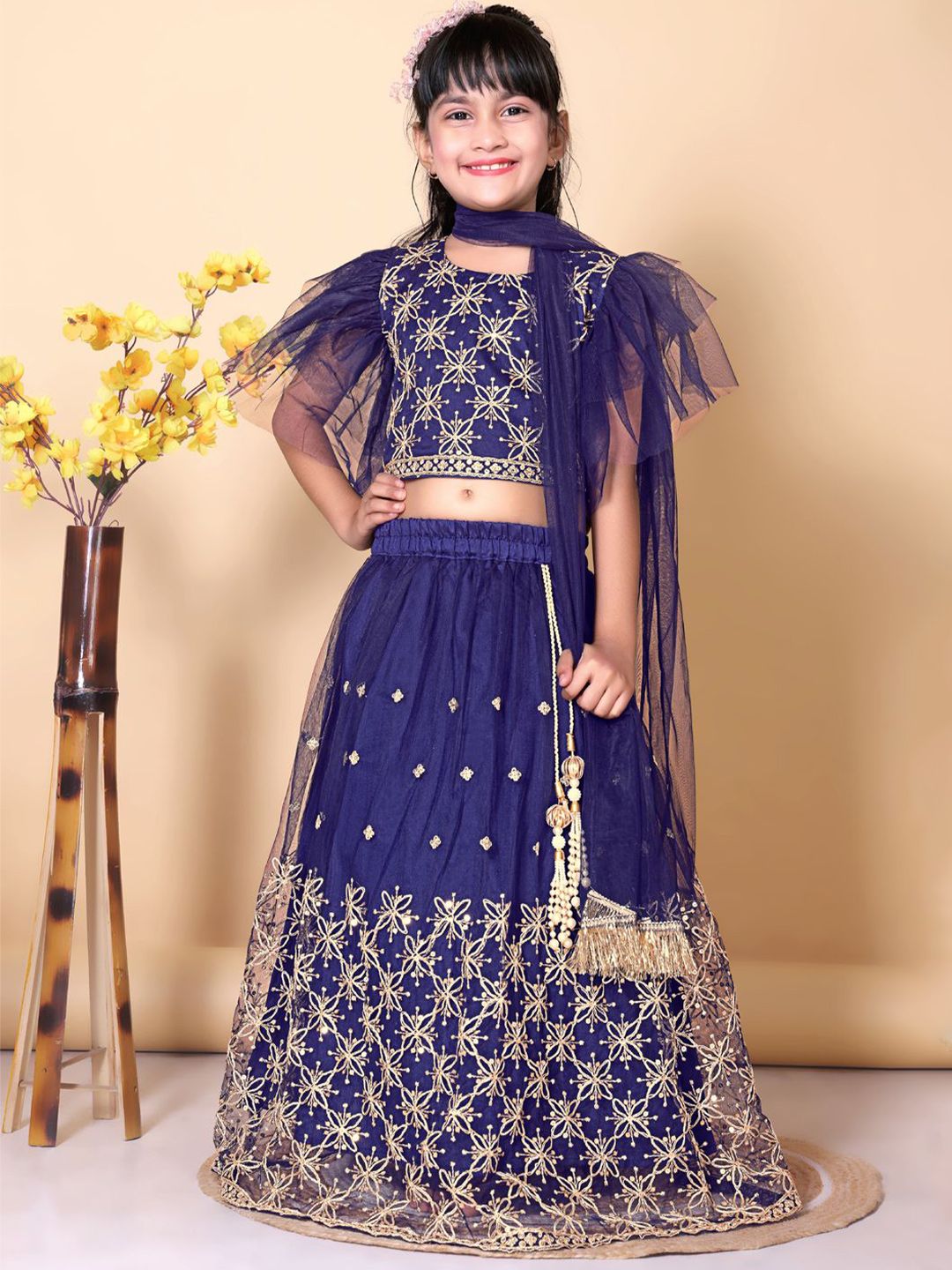 satyamfab Girls Embroidered Thread Work Ready To Wear Net Lehenga & Blouse With Dupatta