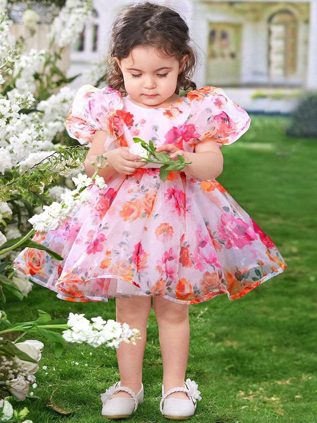 SWEETPEL Girls Floral Printed Puff Sleeve Fit & Flare Dress