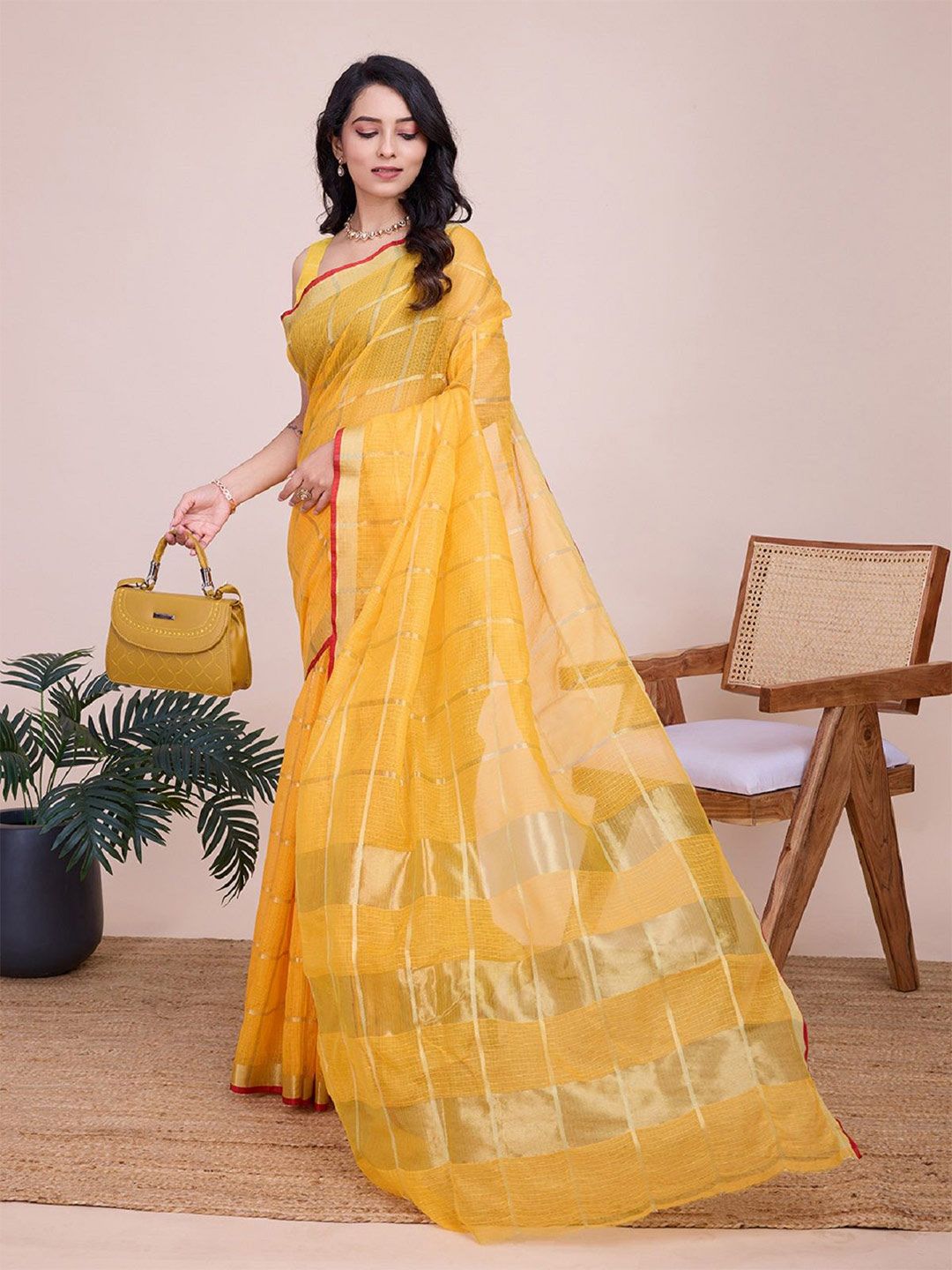 DWIJA FASHION Woven Design Checked Print Zari Saree