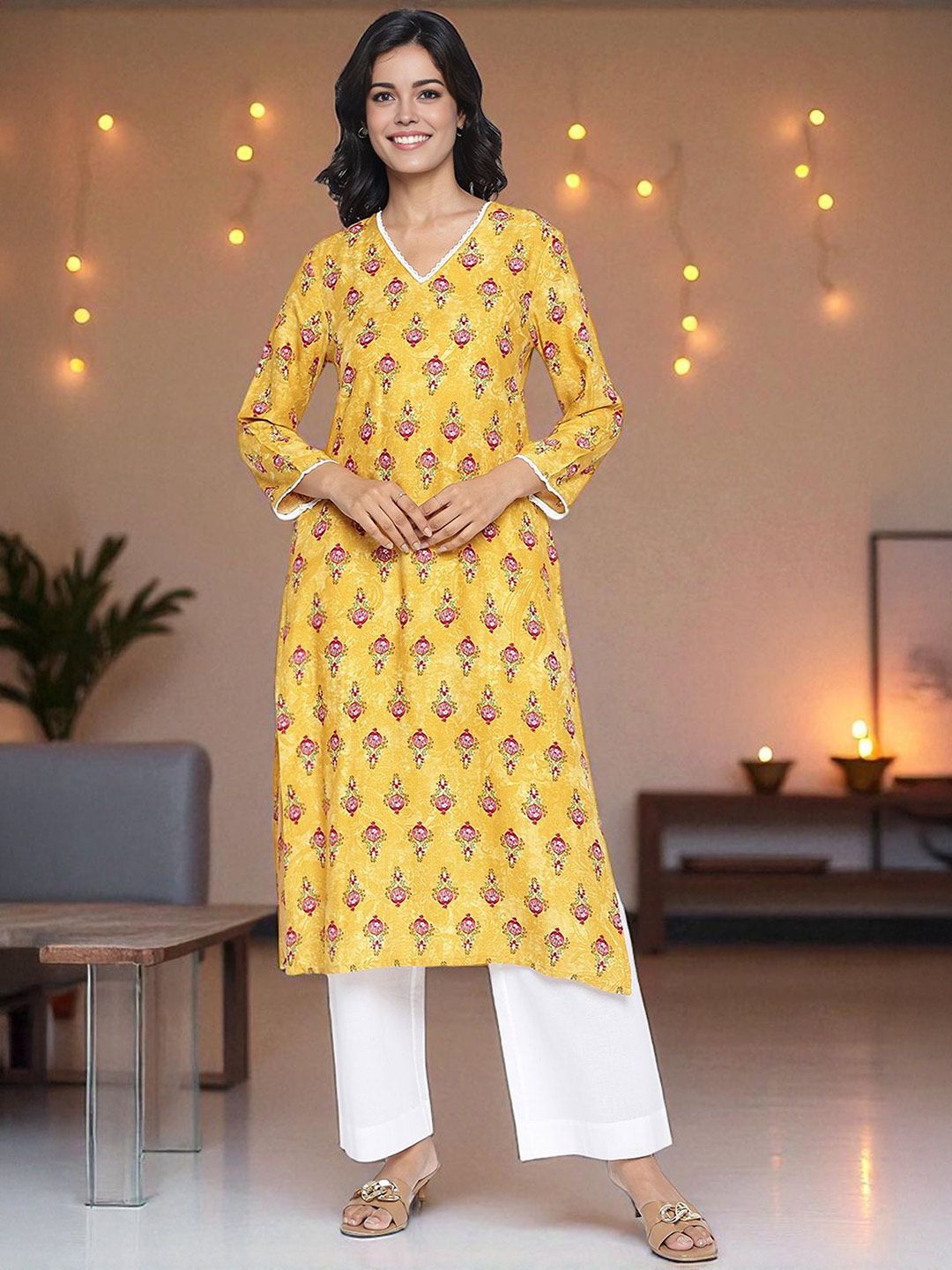 W W Floral Printed Thread Work V-neck Straight Kurta