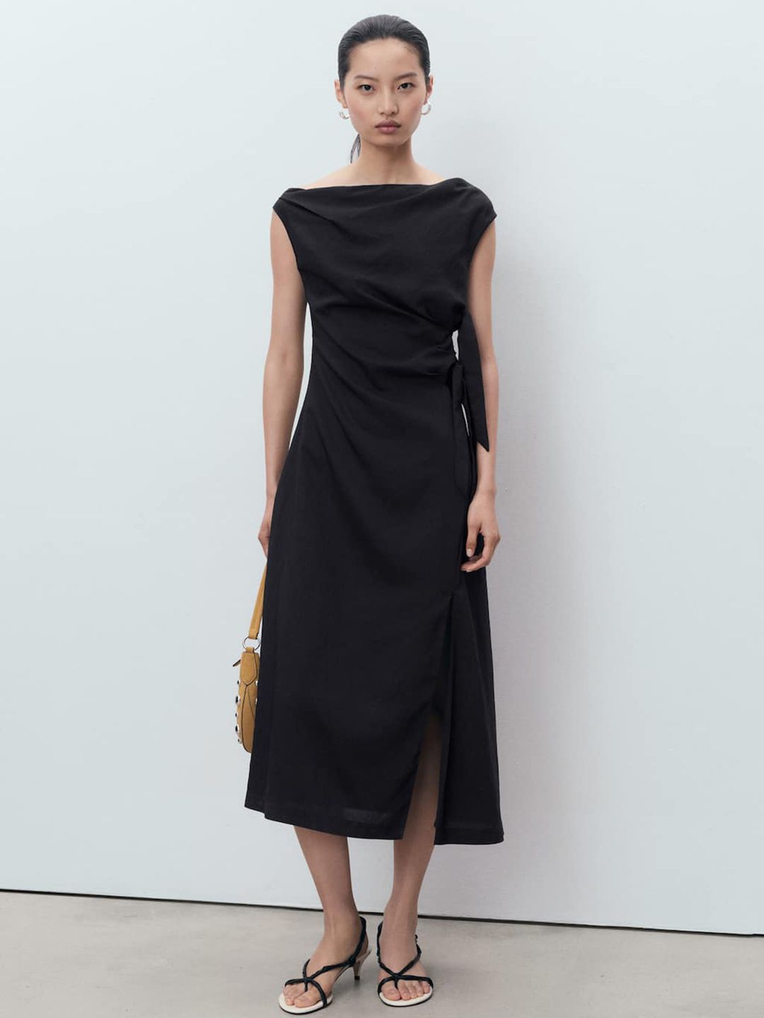 Boat Neck Side Knot A-Line Midi Dress with Slit