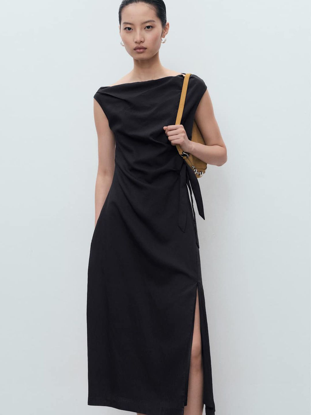 Boat Neck Side Knot A-Line Midi Dress with Slit