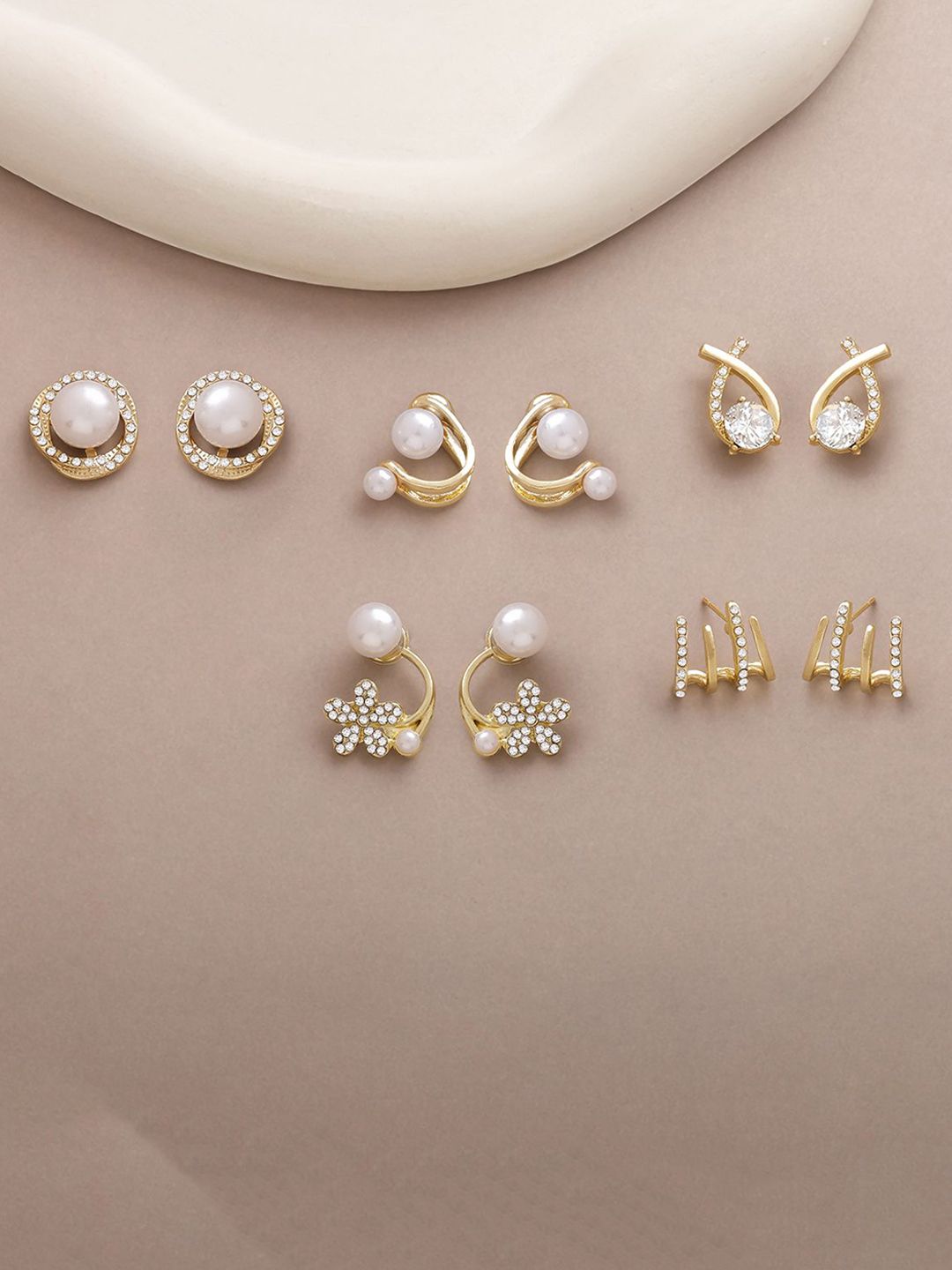 Estailo fashion Set Of 5 Artificial Stones Studded & Pearls Beaded Spherical Studs