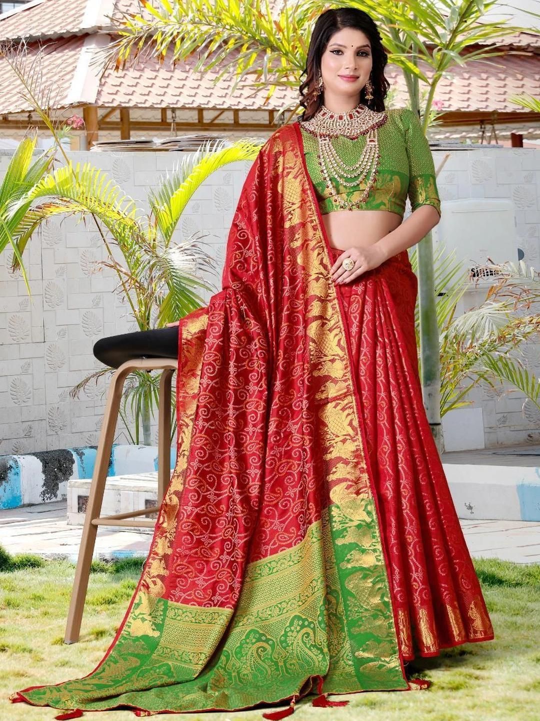 AKSH FASHION Red Silk Blend  Sarees
