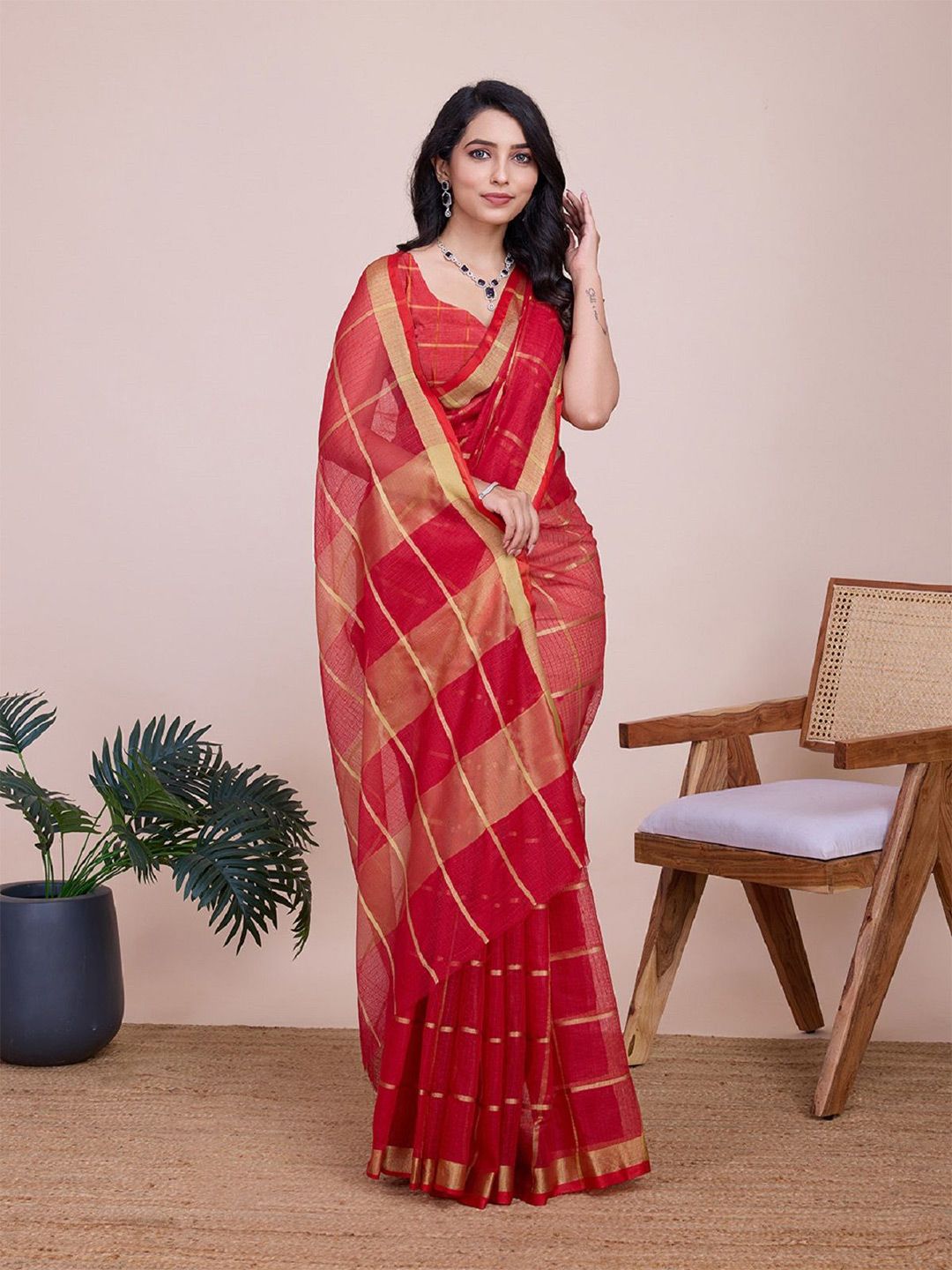 DWIJA FASHION Woven Design Checked Zari Saree