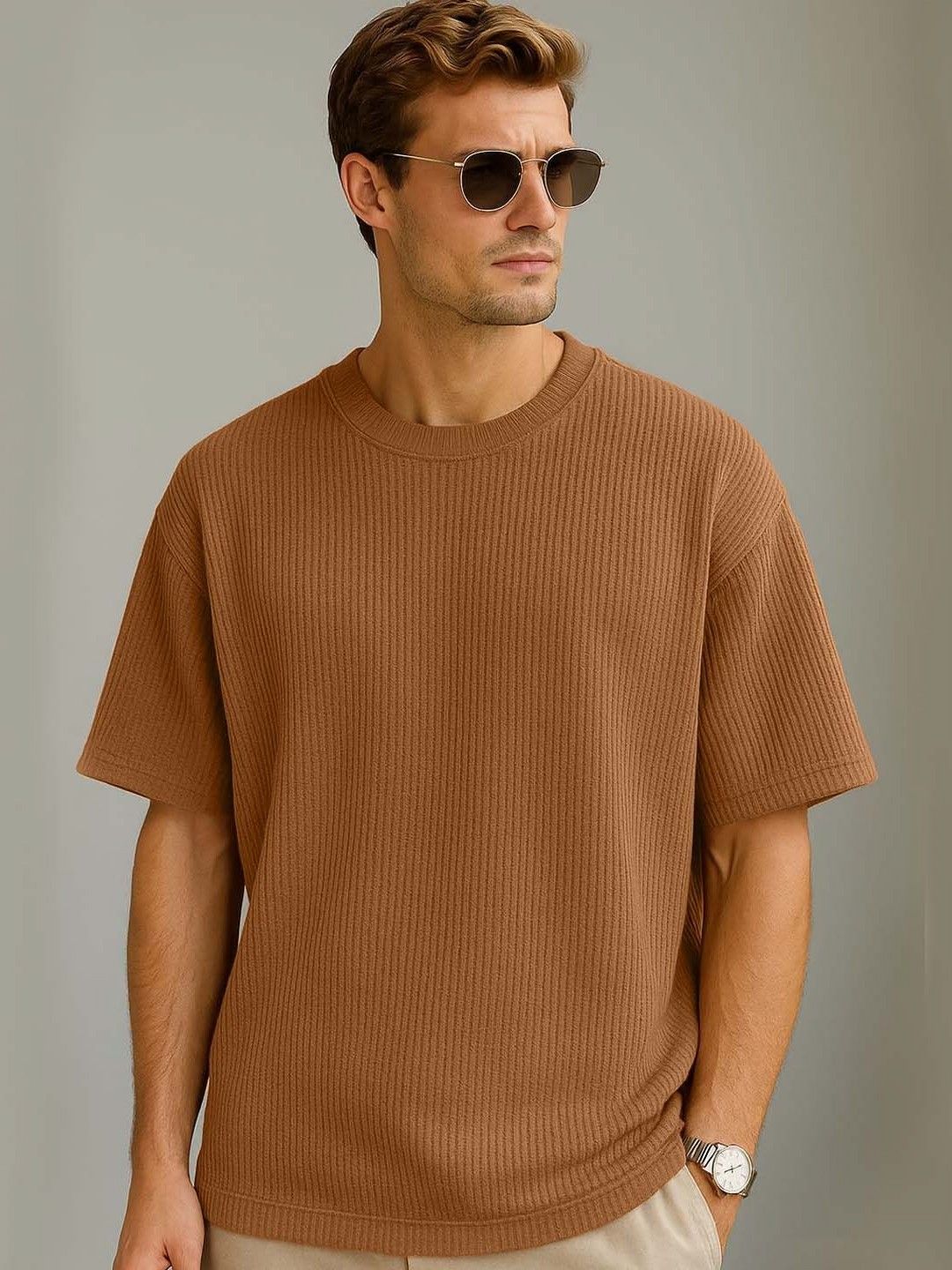 Organic Chics Camel Brown Relaxed Fit Round Neck T-shirt