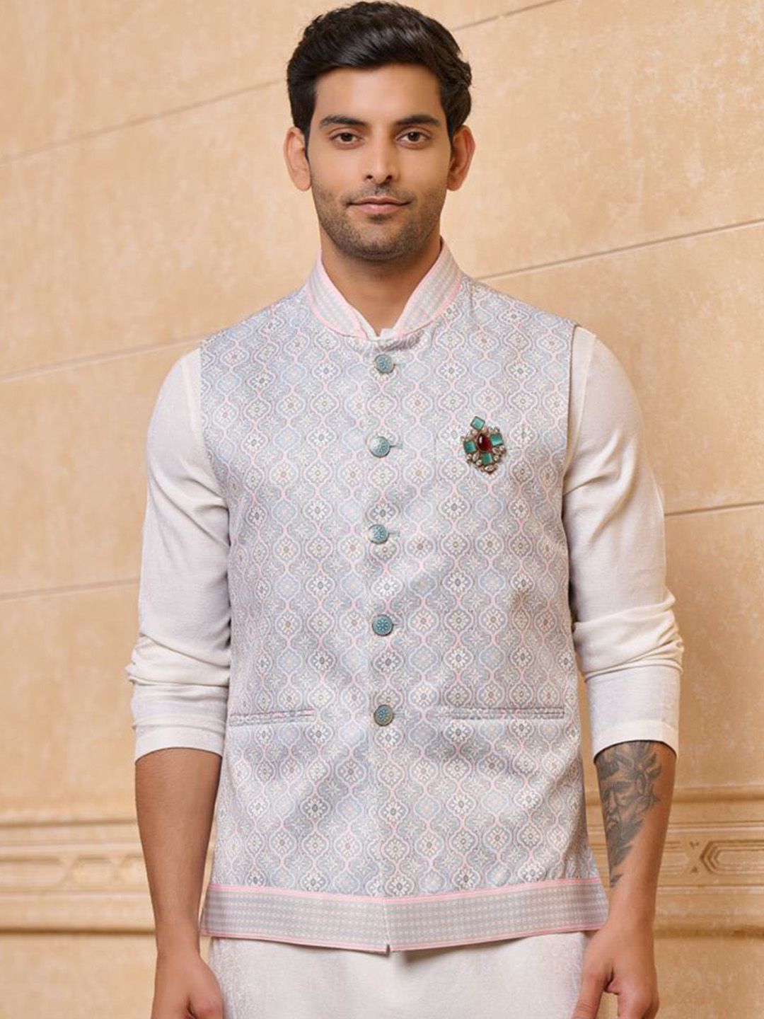 Tasva Printed Ethnic Motifs Woven Design Nehru Jacket