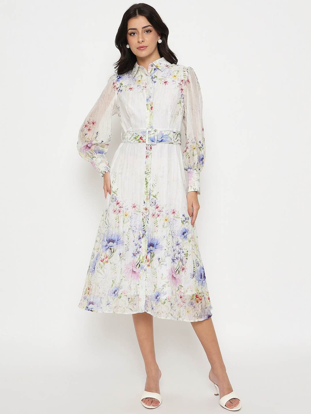 Madame Madame Women Shirt Collar Floral Print Fit and Flare Midi Dress With Belt