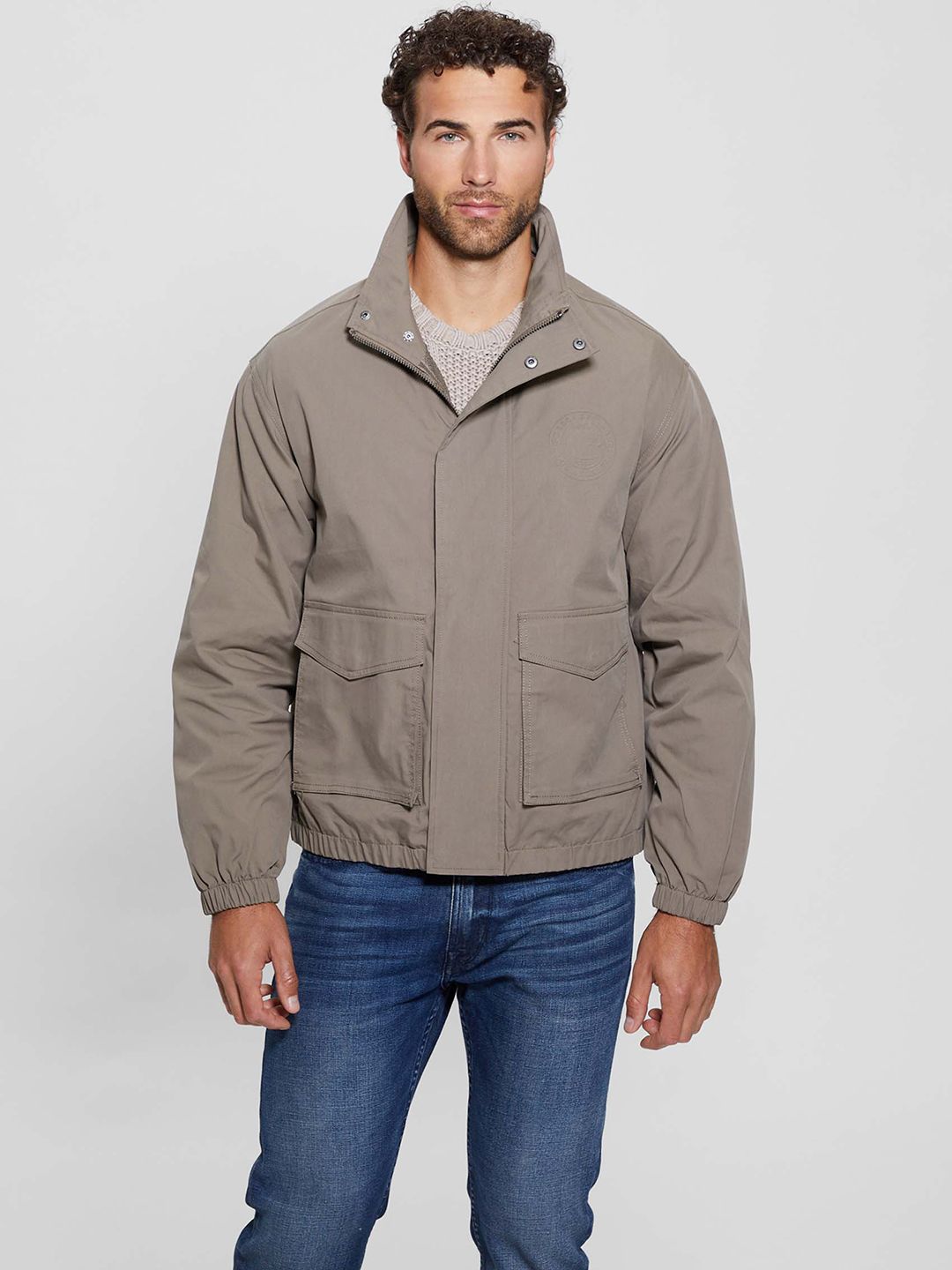 GUESS Men Stand Collar Solid Casual Sporty Jacket
