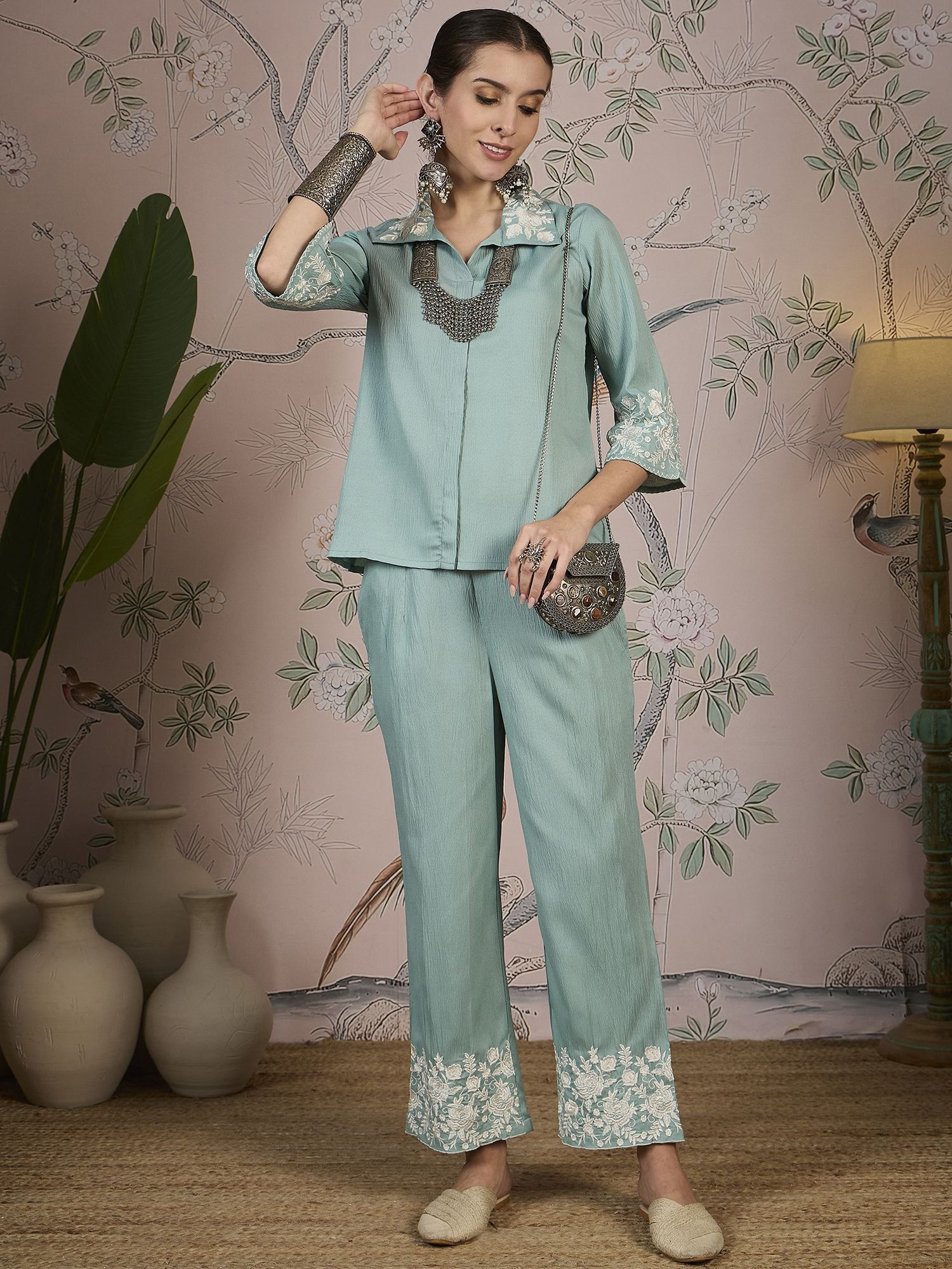 Sangria Floral Embroidered Shirt & Trousers Co-Ords