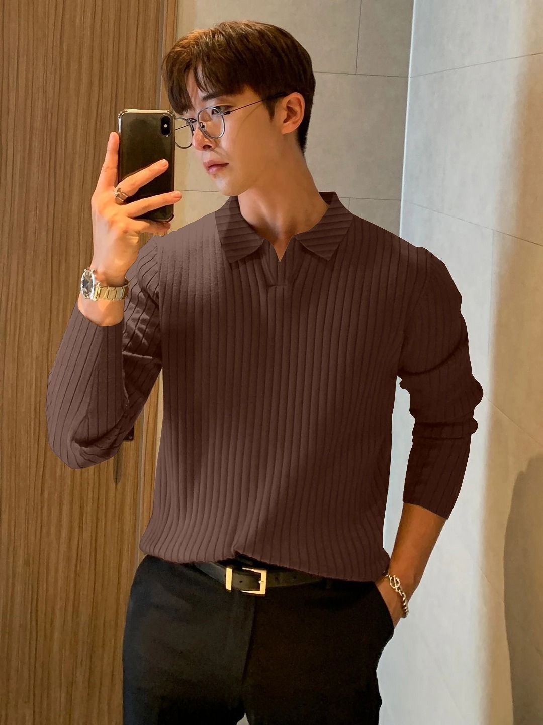 KAJARU Striped Ribbed Polo Collar Long Sleeves T-Shirt