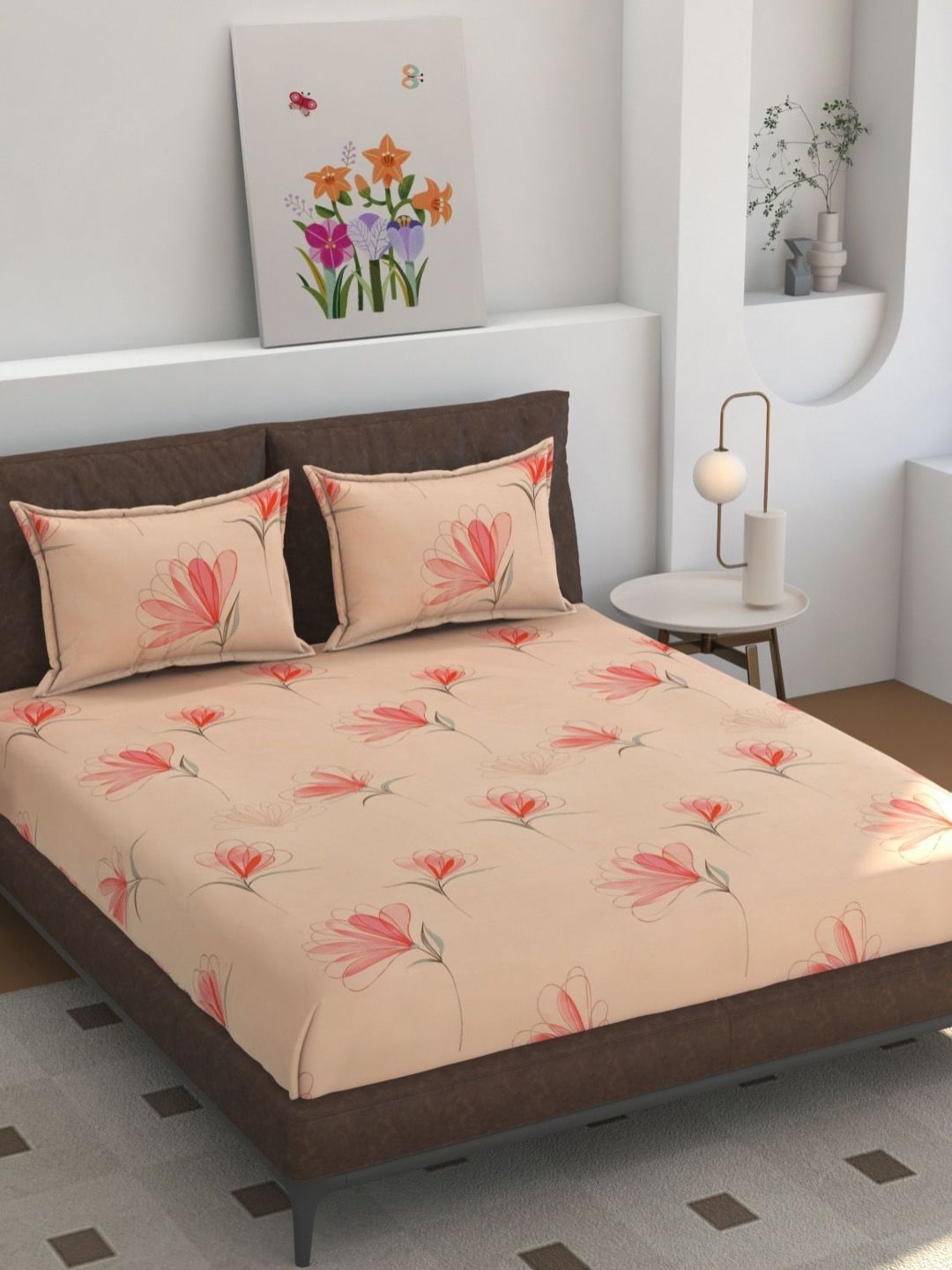 Florida Florida Peach & Green Floral 160 TC Queen Bedsheet with 2 Pillow Covers 245*228 Cm