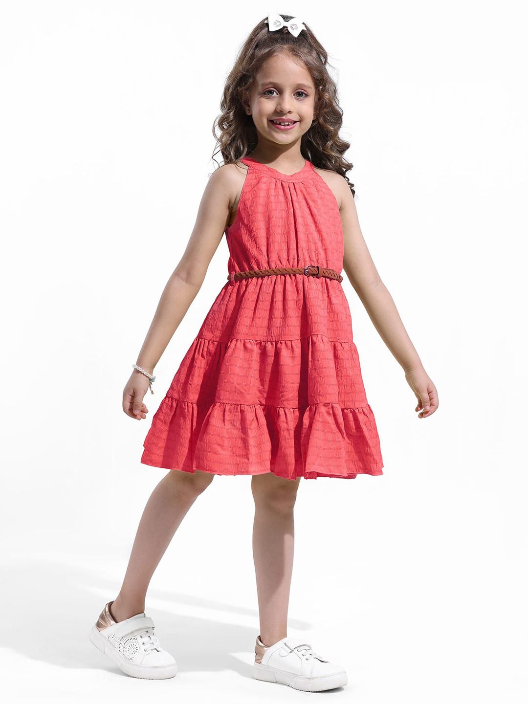 Hola Bonita Girls Self Design Halter Neck Tiered Fit & Flare Dress with Belt