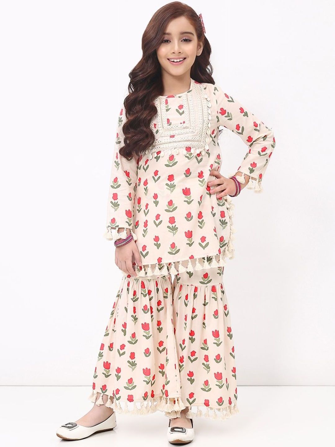 SPUNKIES Girls Floral Yoke Design Cotton Kurti with Sharara
