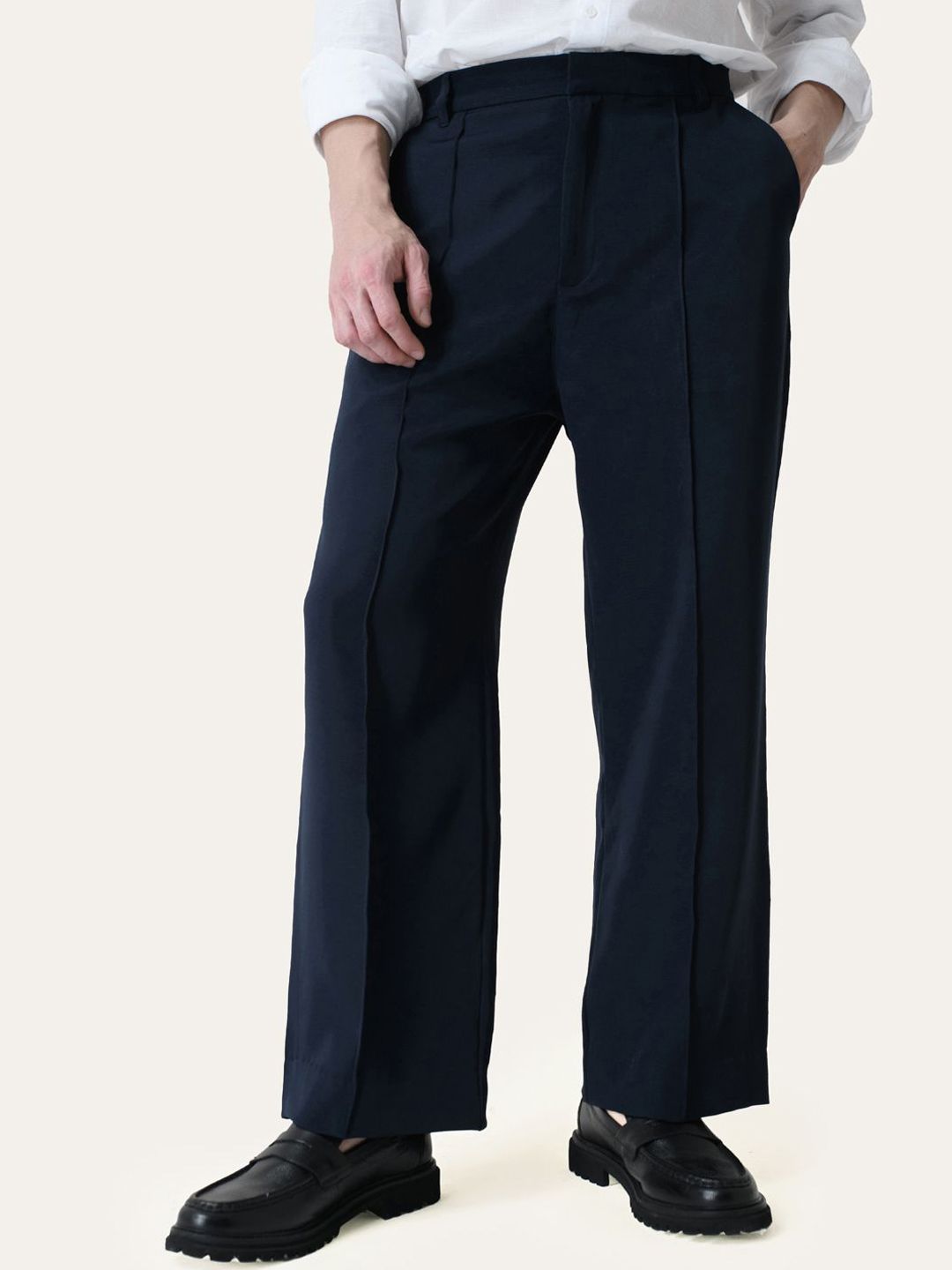 Buy PERCH Men Navy Blue Solid Pintuck Korean Pants - Trousers for