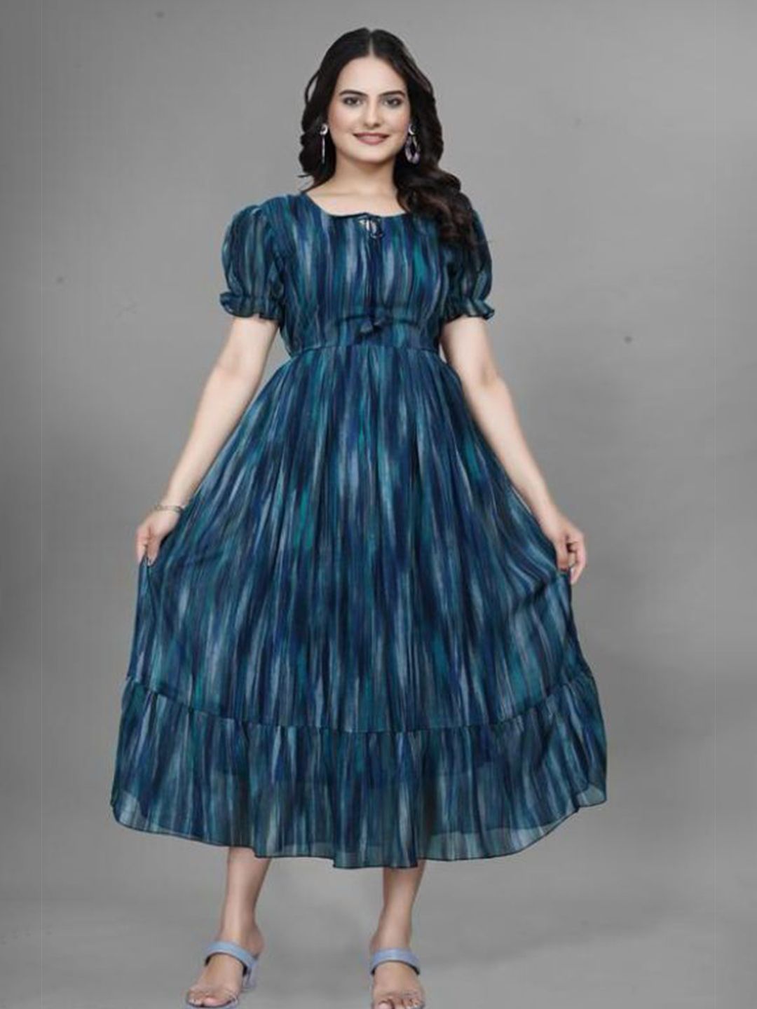 Buy MISS CLOTHING Women Print Puff Sleeve Layered Georgette A-Line