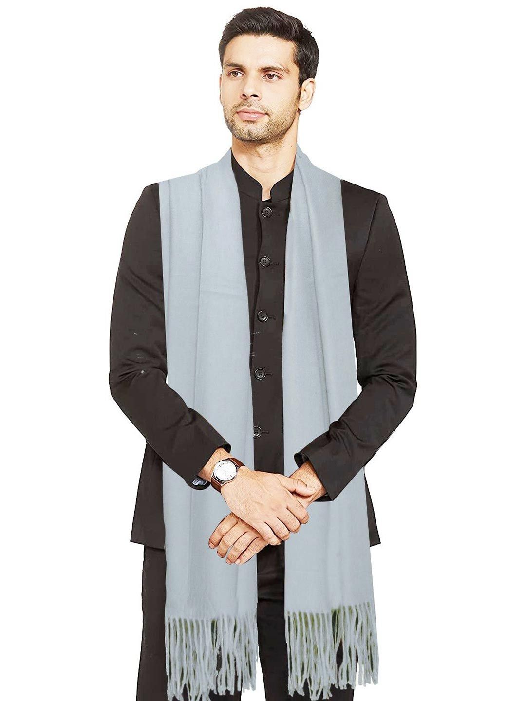 Manra Men Solid Plain Stole With Fringed Border