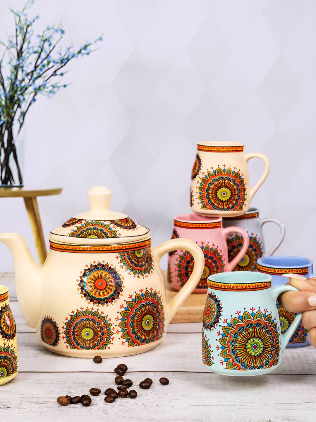 Buy Roxx Cream & Pink 7 Pieces 2025 Printed Tea Set - Tea Set for