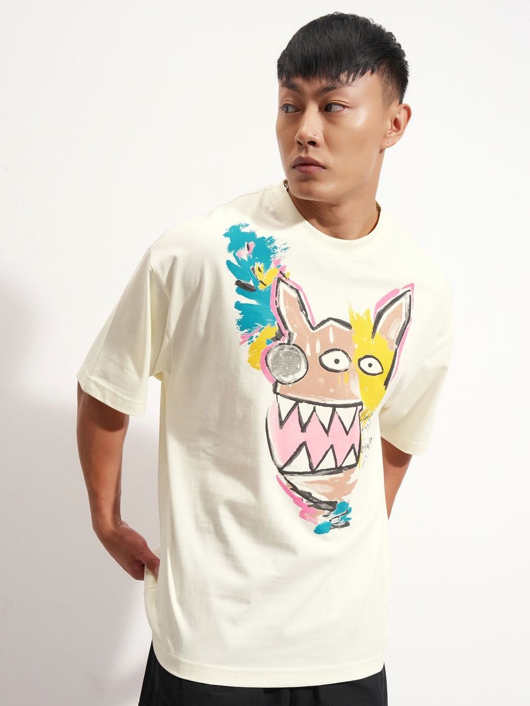 HIGHLANDER Graphic Printed Round Neck Drop-Shoulder Sleeves Cotton Oversized T-shirt