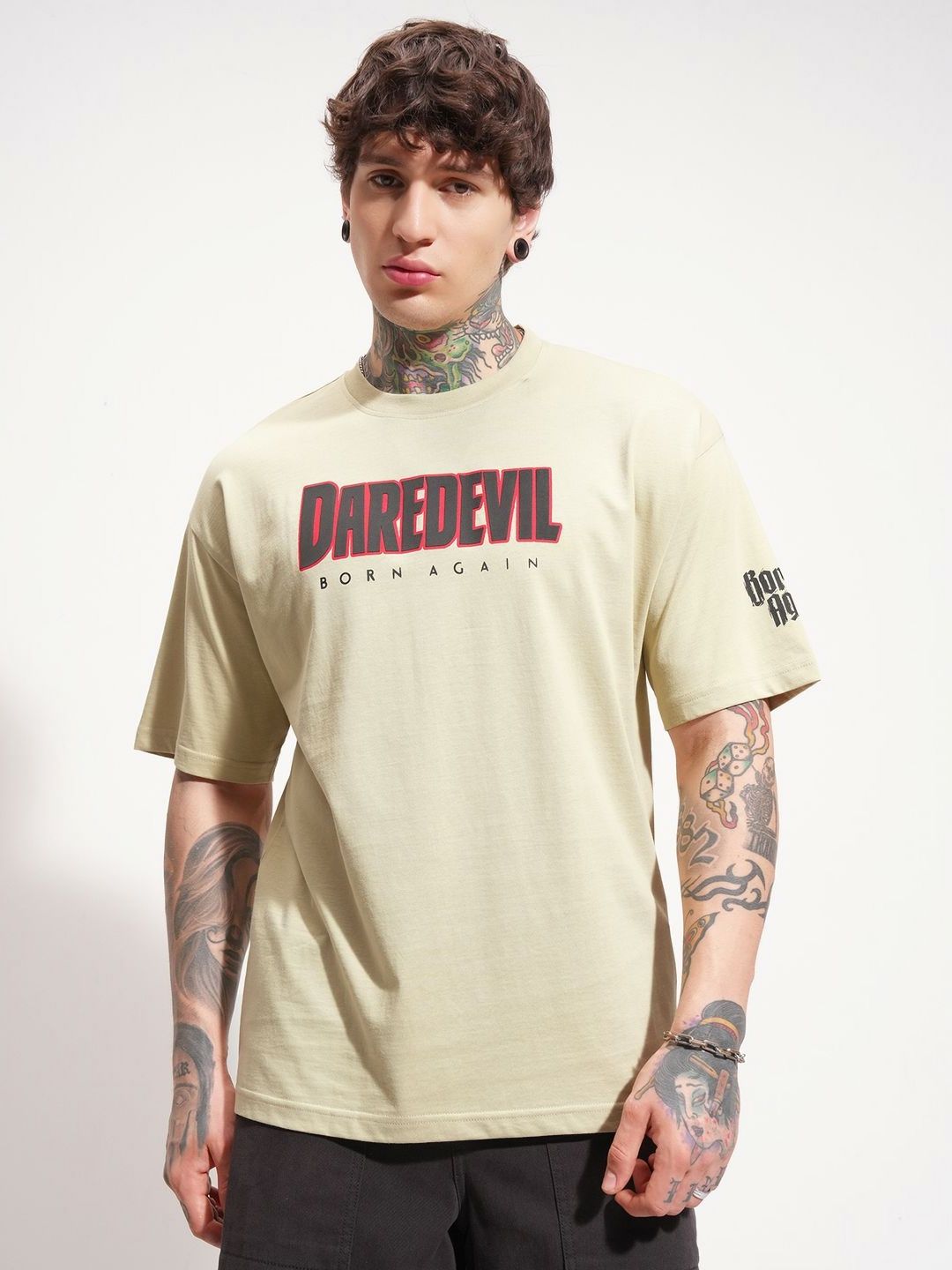 HIGHLANDER Typography Printed Round Neck Drop-Shoulder Sleeves Cotton Oversized T-shirt