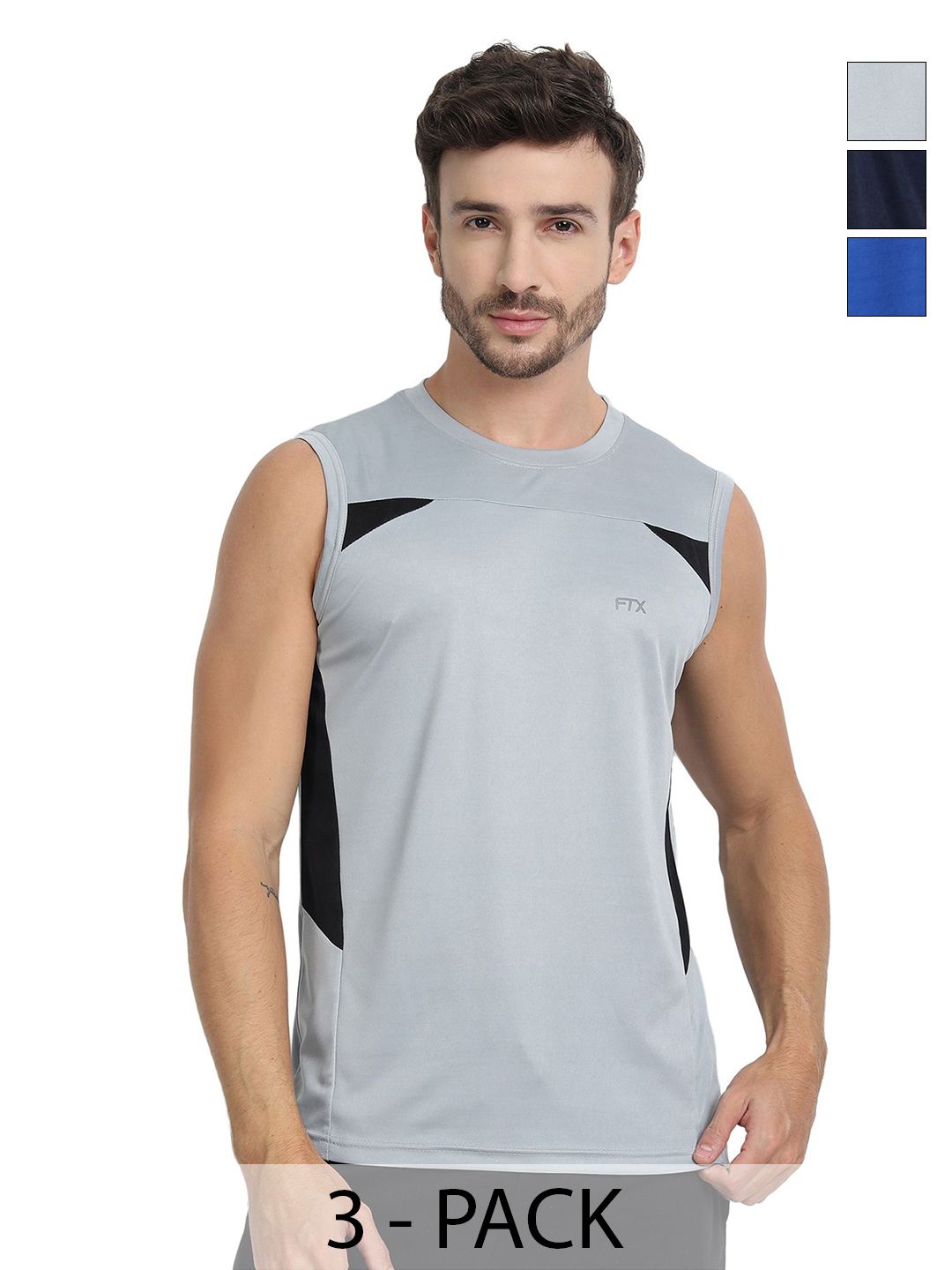 FTX Pack Of 3 Colourblocked Round Neck Sleeveless Dri-FIT Running T-shirts