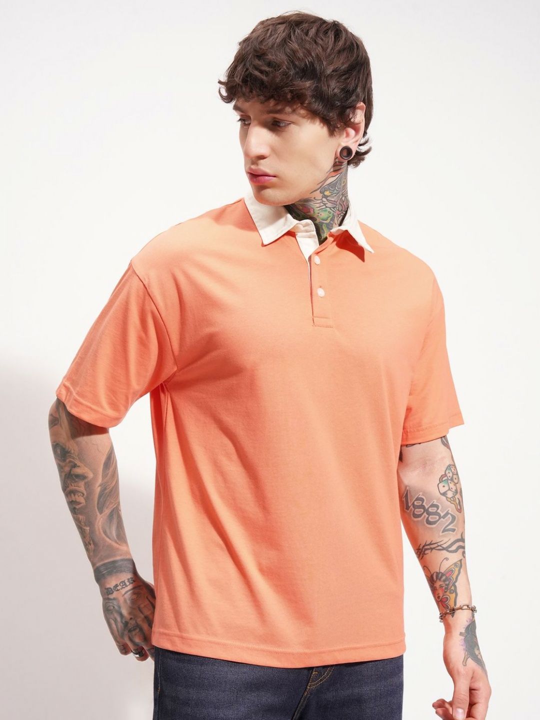HIGHLANDER Men Solid Polo Collar Oversized T-shirt