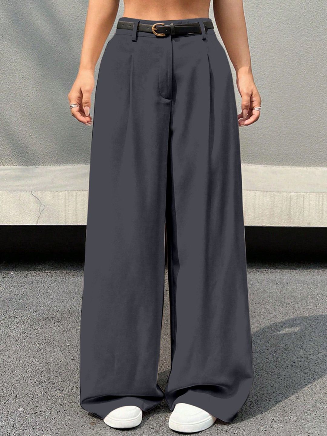 AAHWAN Women Loose Fit High-Rise Solid Wide Leg Trousers