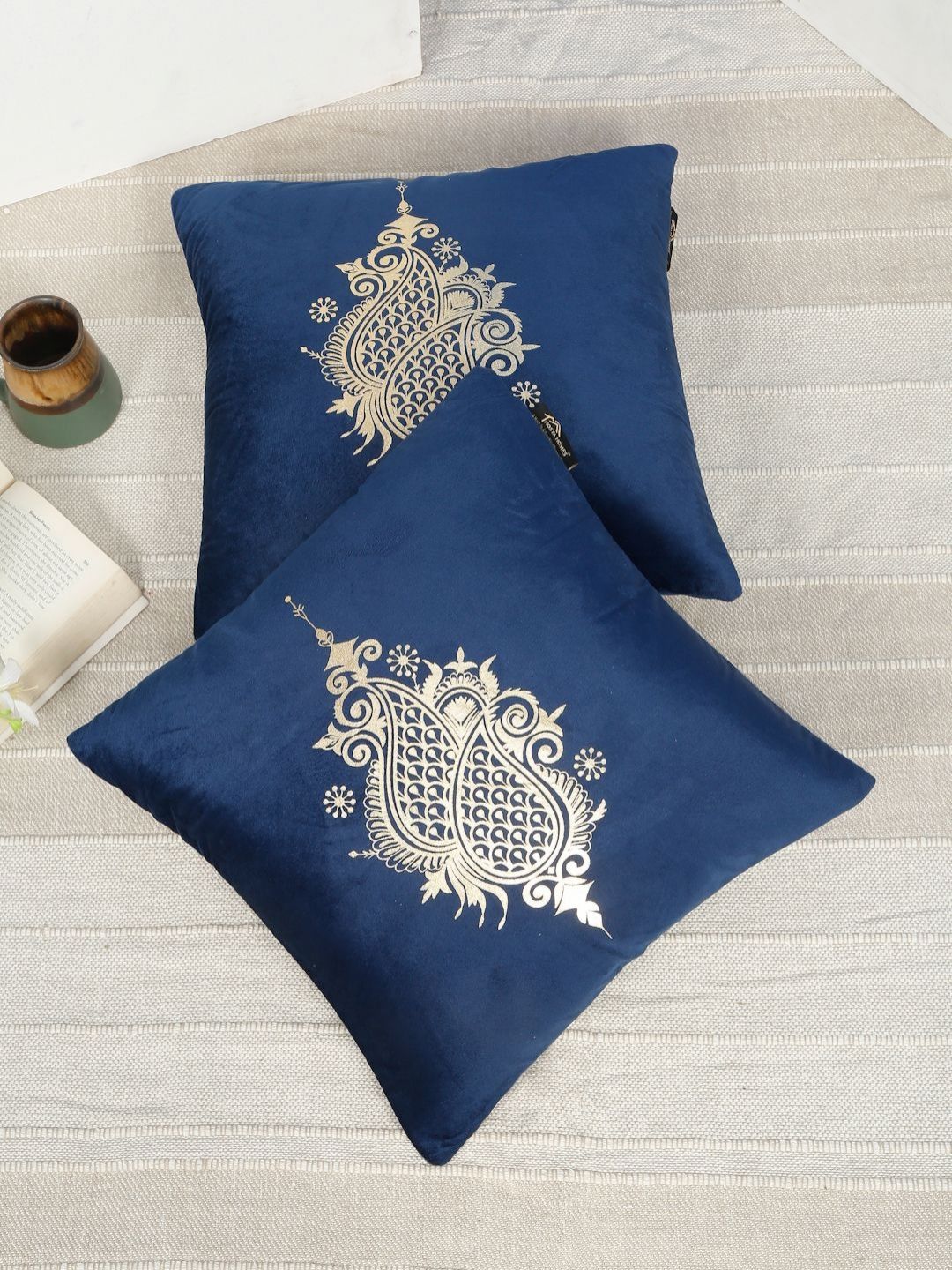 HOSTA HOMES Blue & Gold-Toned 2 Pieces Printed Velvet Square Cushion Covers