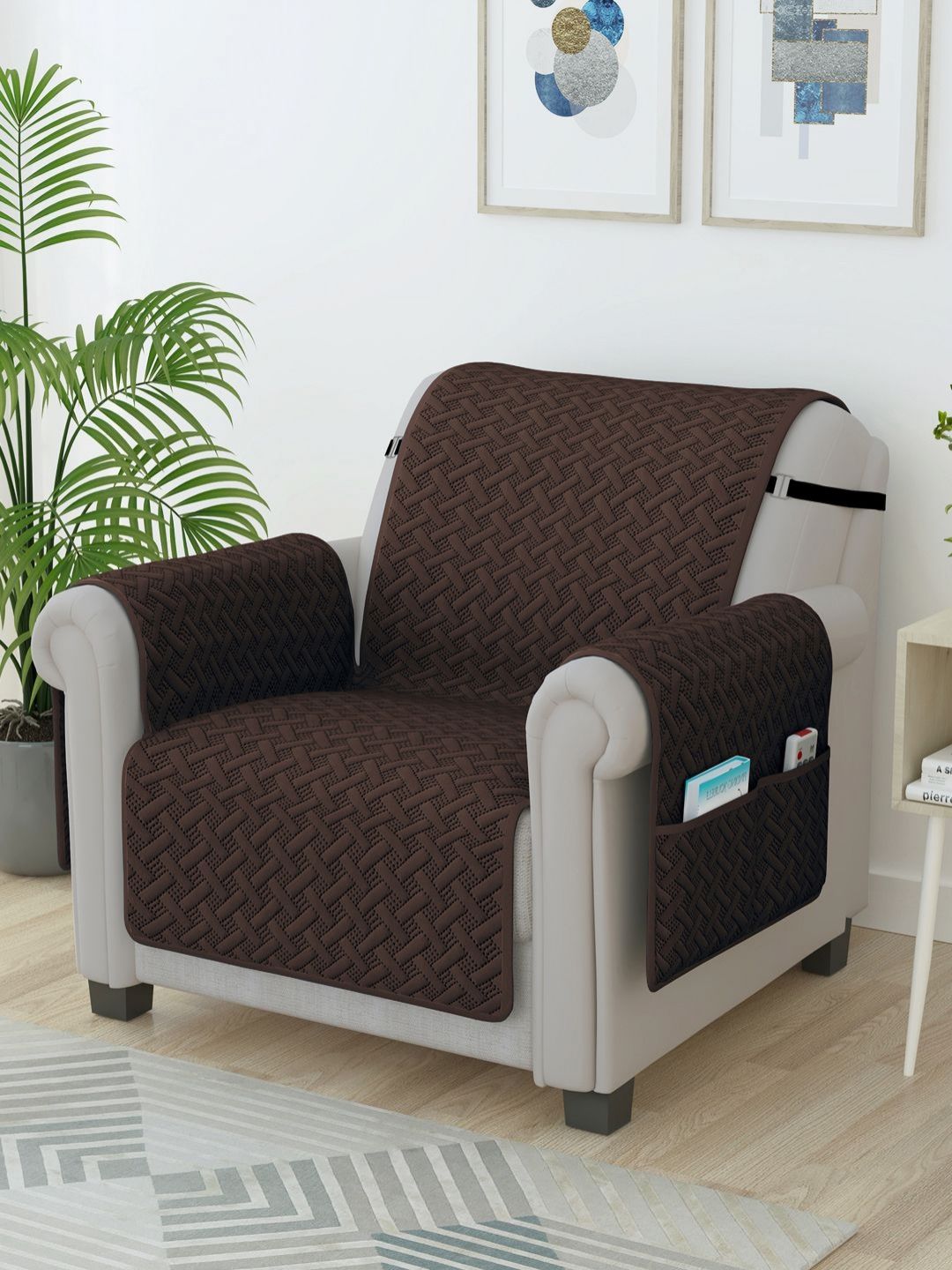 Story@home Brown Self Design Microfiber 1 Seater Sofa Cover With Arms
