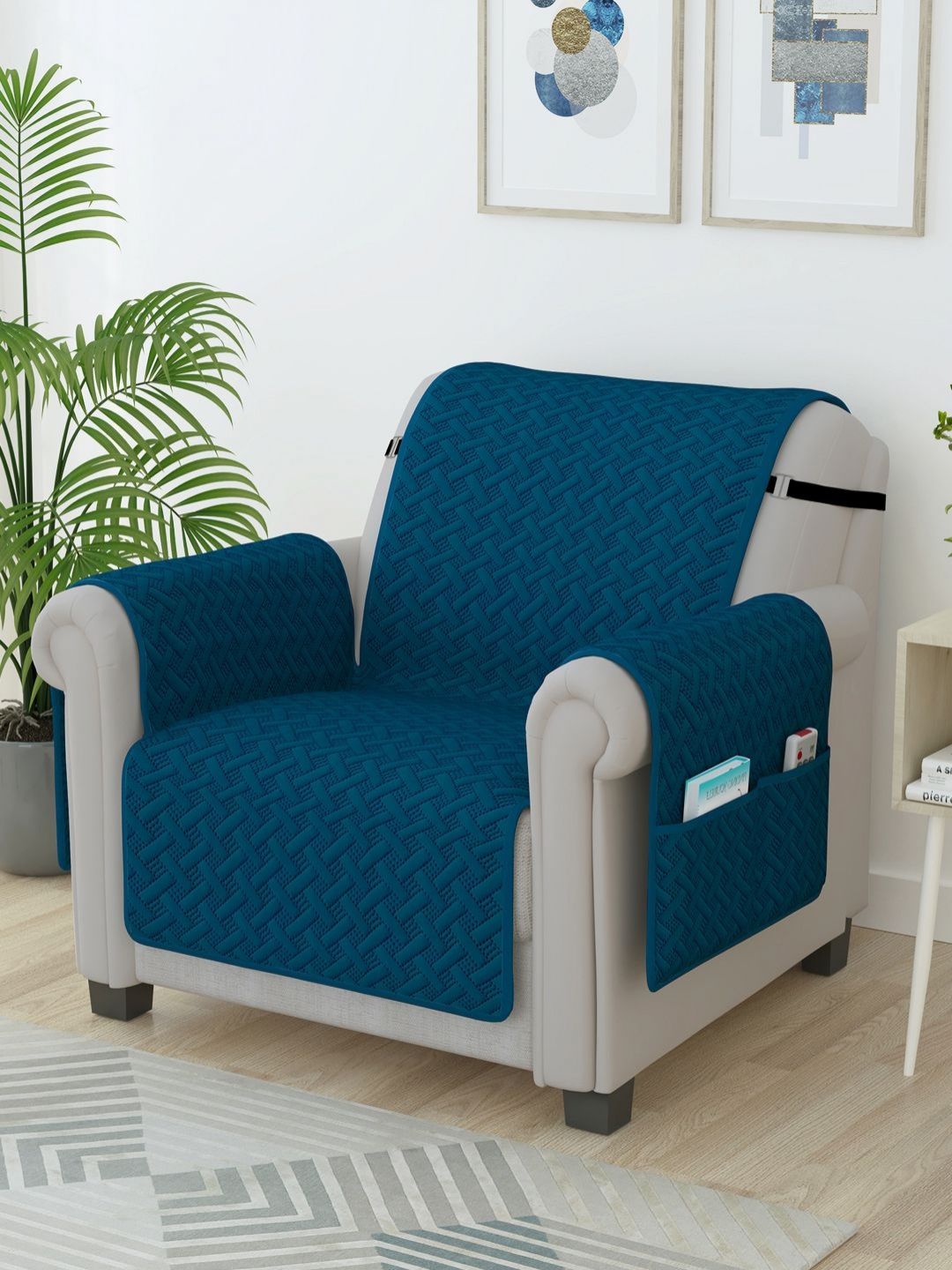 Story@home Navy Blue Self Design Microfiber 1 Seater Sofa Cover With Arms