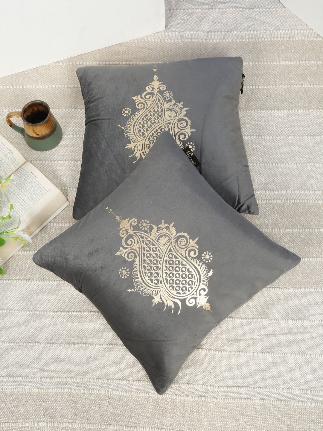 HOSTA HOMES Grey & Gold-Toned 2 Pieces Printed Velvet Square Cushion Covers