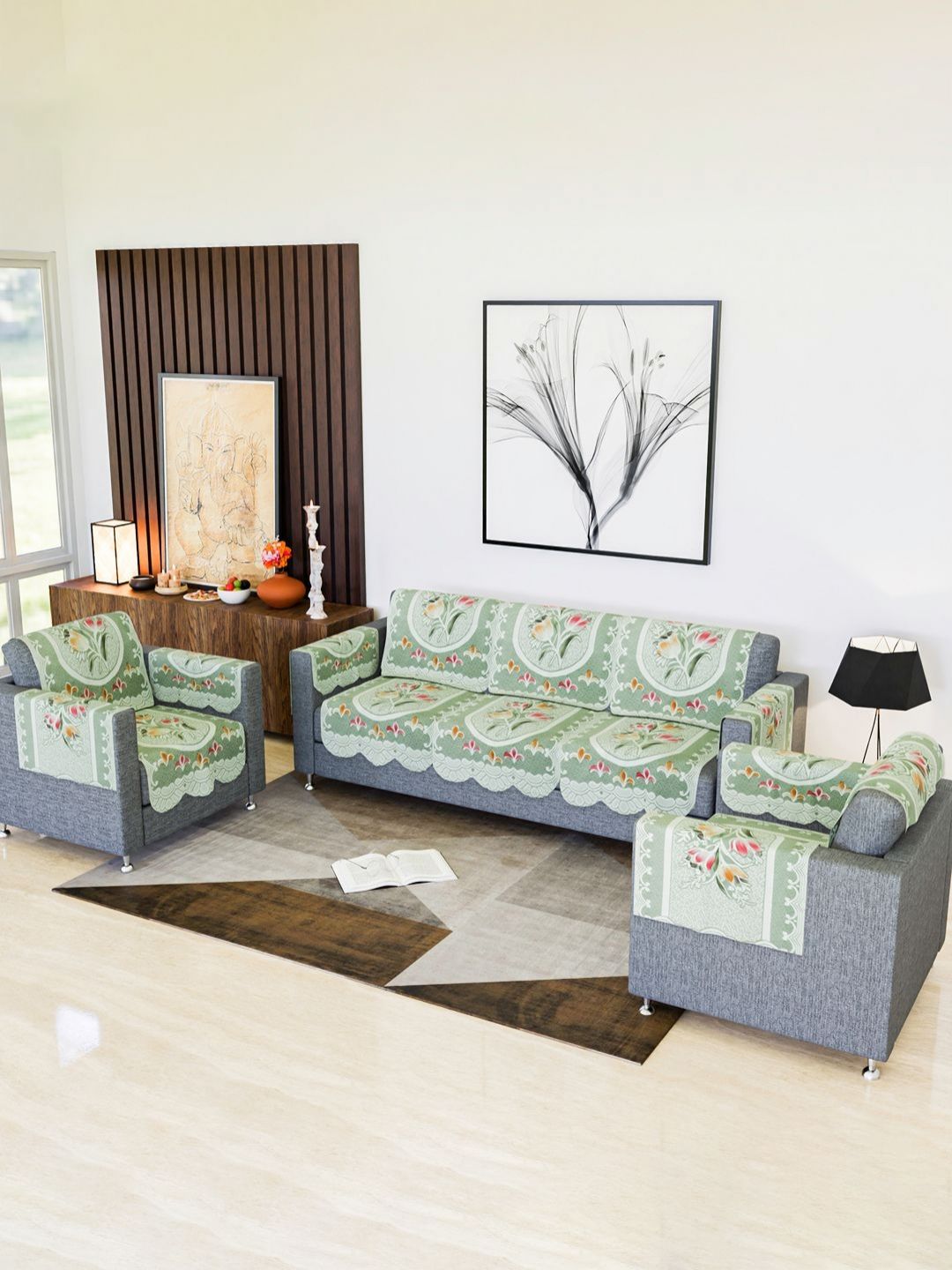 Aura Aura Green & White 16 Pieces Floral Printed Cotton Sofa Covers With Arms