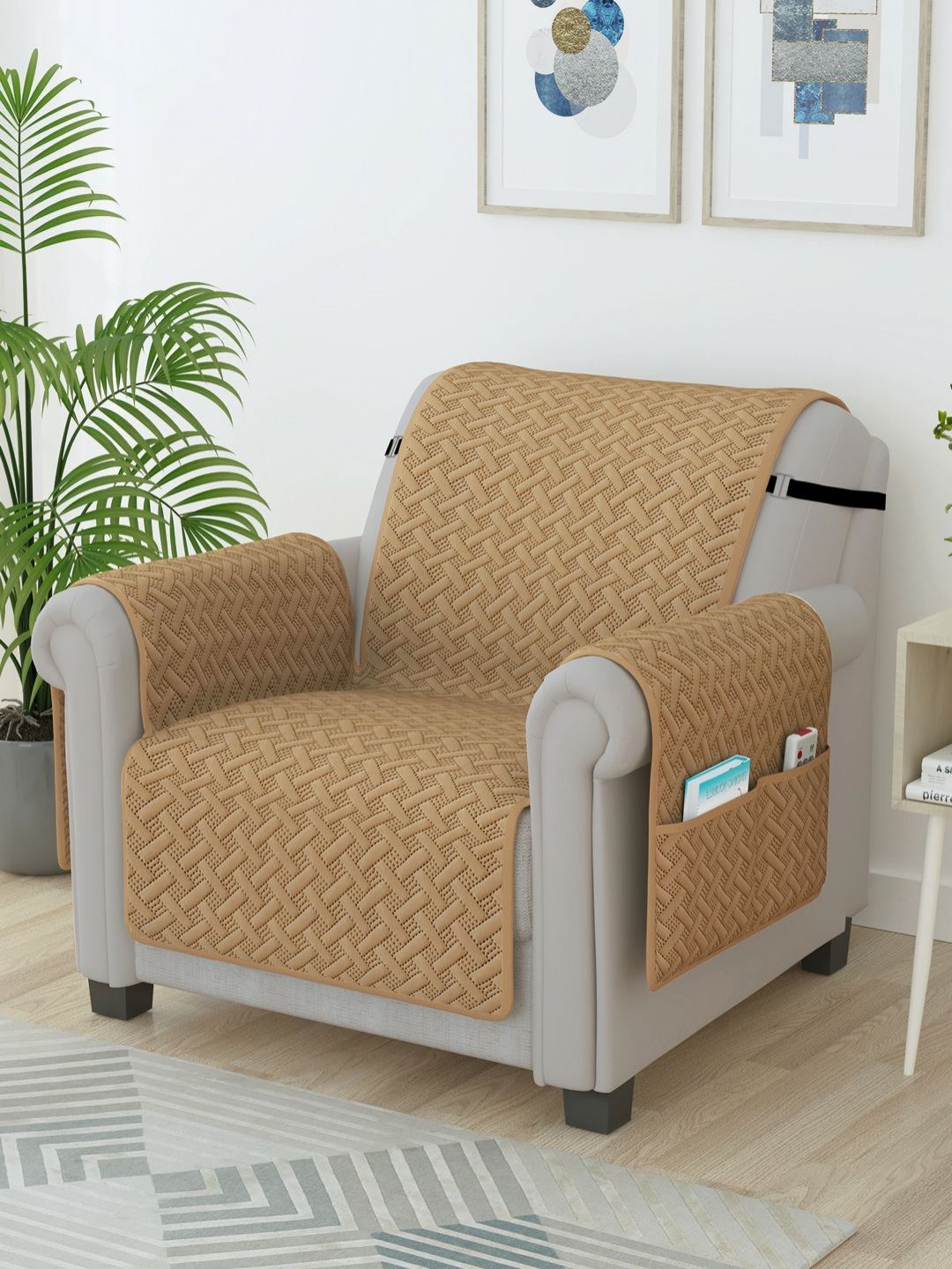 Story@home Beige Self Design Microfiber 1 Seater Sofa Cover With Arms