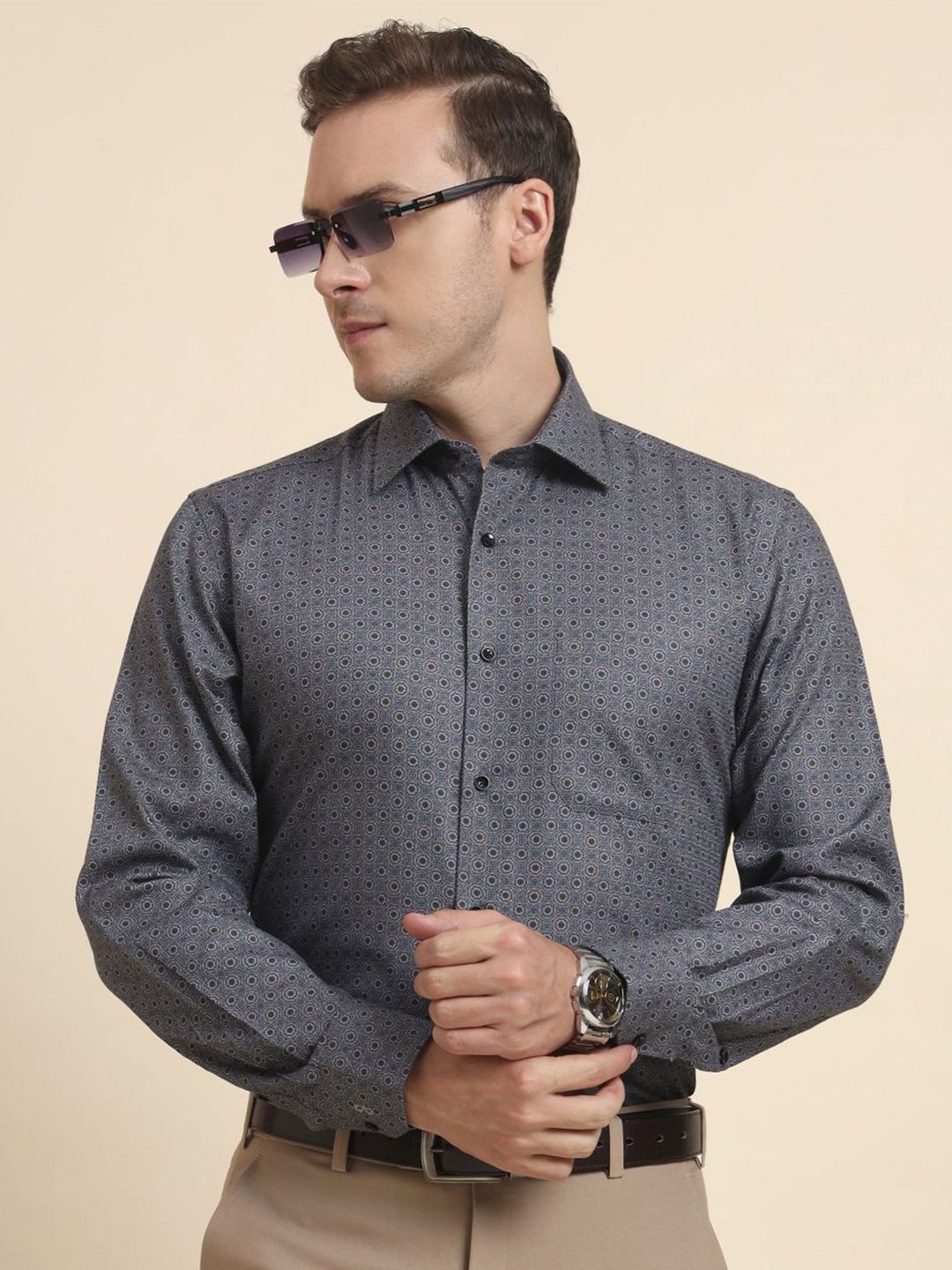 JADE BLUE Micro Ditsy Printed Cutaway Collar Pure Cotton Formal Shirt