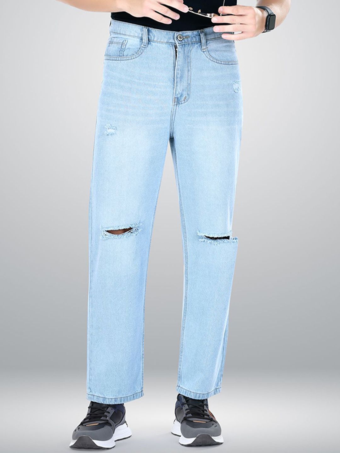 me Queen Men Wide Leg Mid-Rise Slash Knee Heavy Fade Jeans