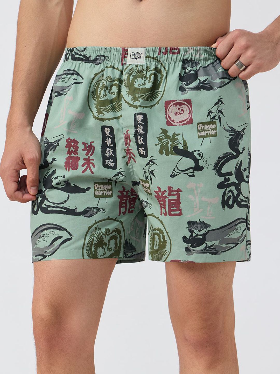 The Souled Store Official Men Kung Fu Panda: Inner Peace Green Regular Fit Boxer Shorts