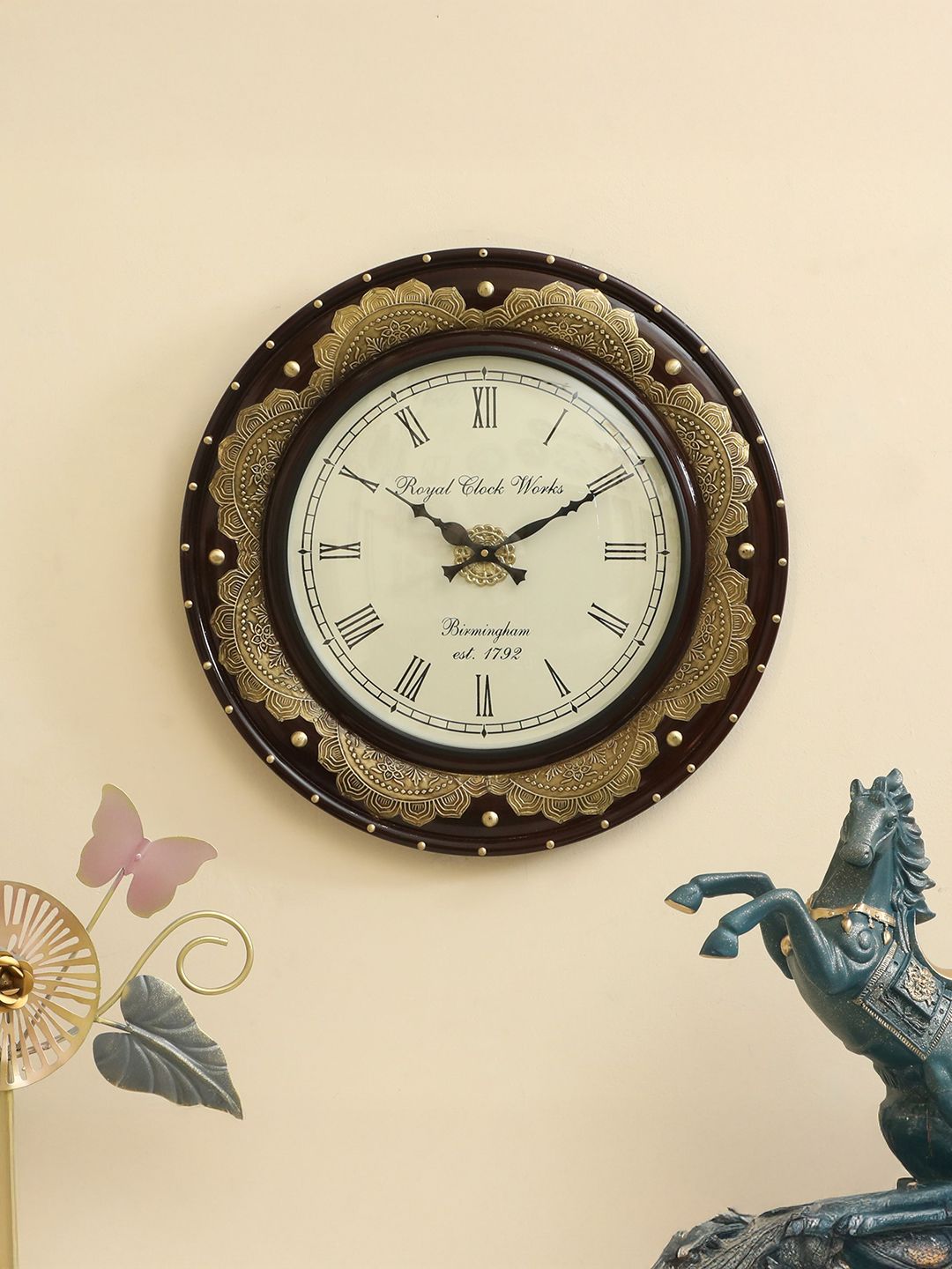 vedas C-Jeet Brown & Beige Textured Wooden And Brass Wall Clock