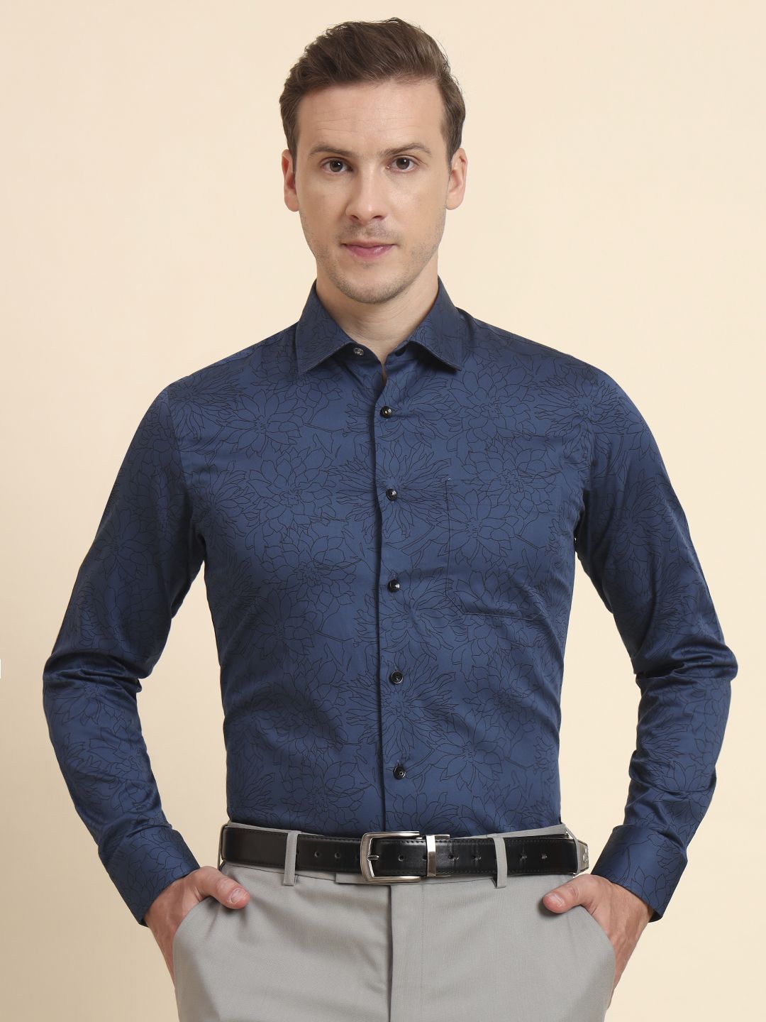 JADE BLUE Men Slim Fit Floral Printed Spread Collar Cotton Formal Shirt