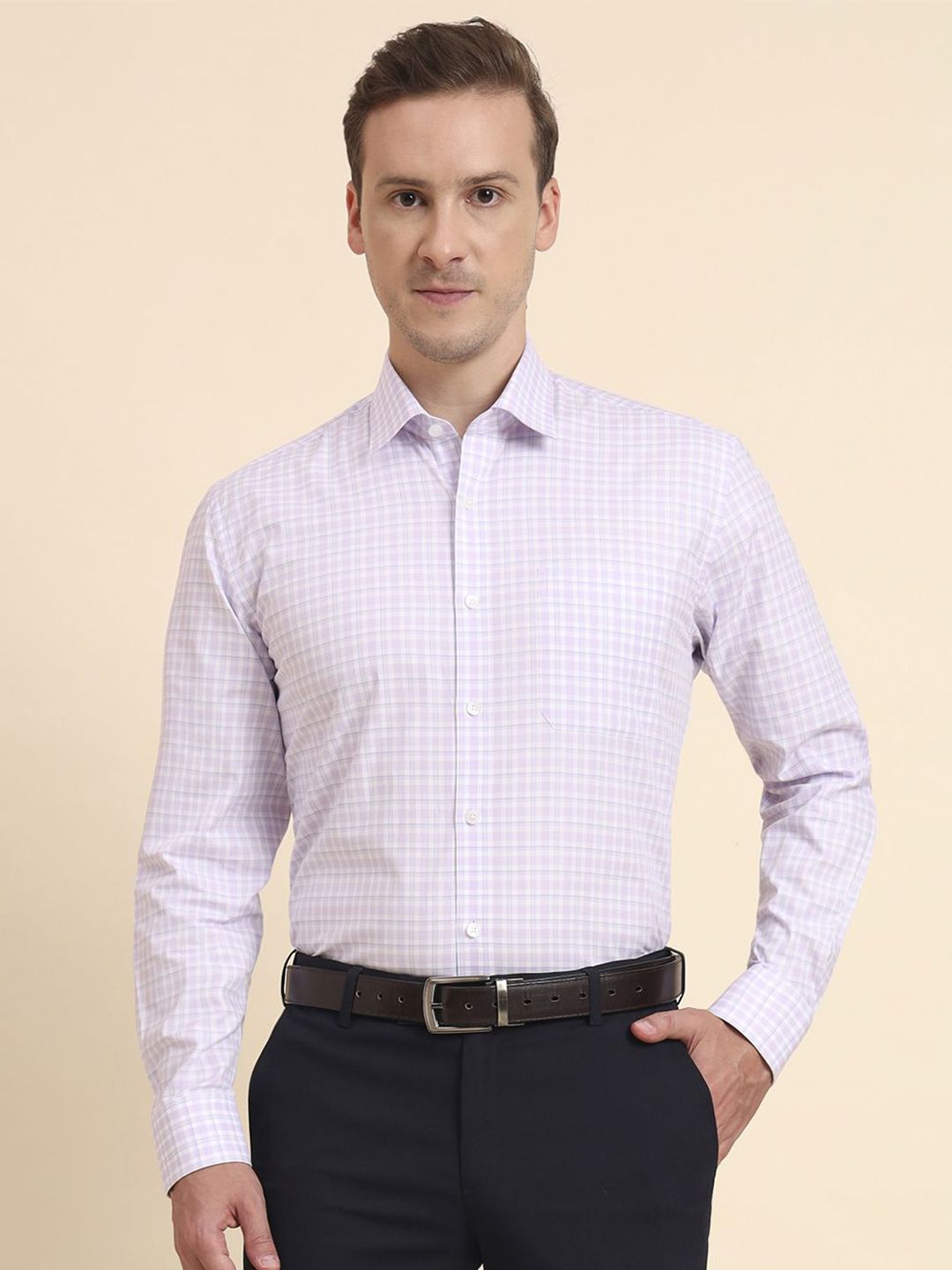 JADE BLUE Men Slim Fit Grid Tattersall Checked Spread Collar Cotton Formal Shirt