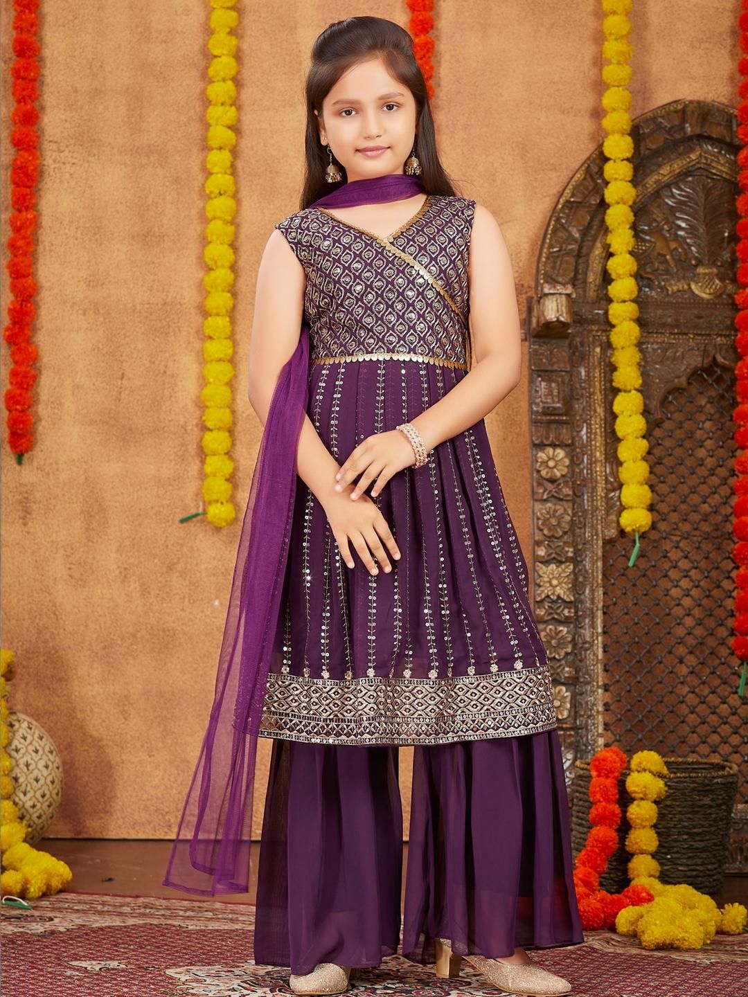 Buy Sangria Girls Floral Embroidery Sequins Zari A Line Kurti