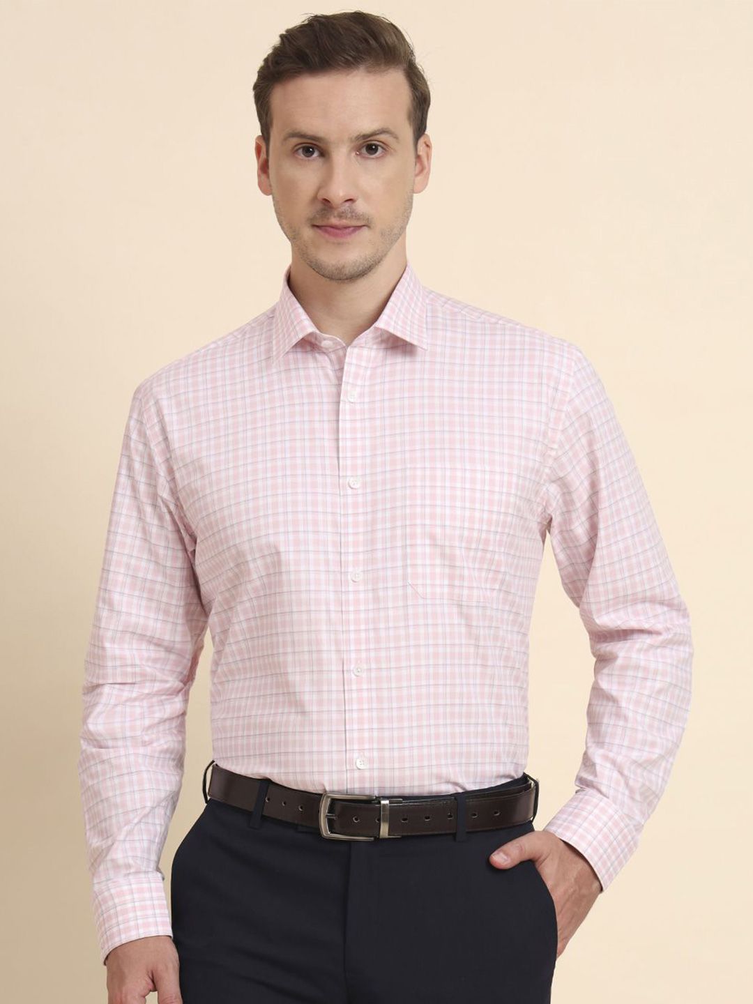 JADE BLUE Grid Tattersall Checked Cutaway Collar Pure Cotton Formal Shirt