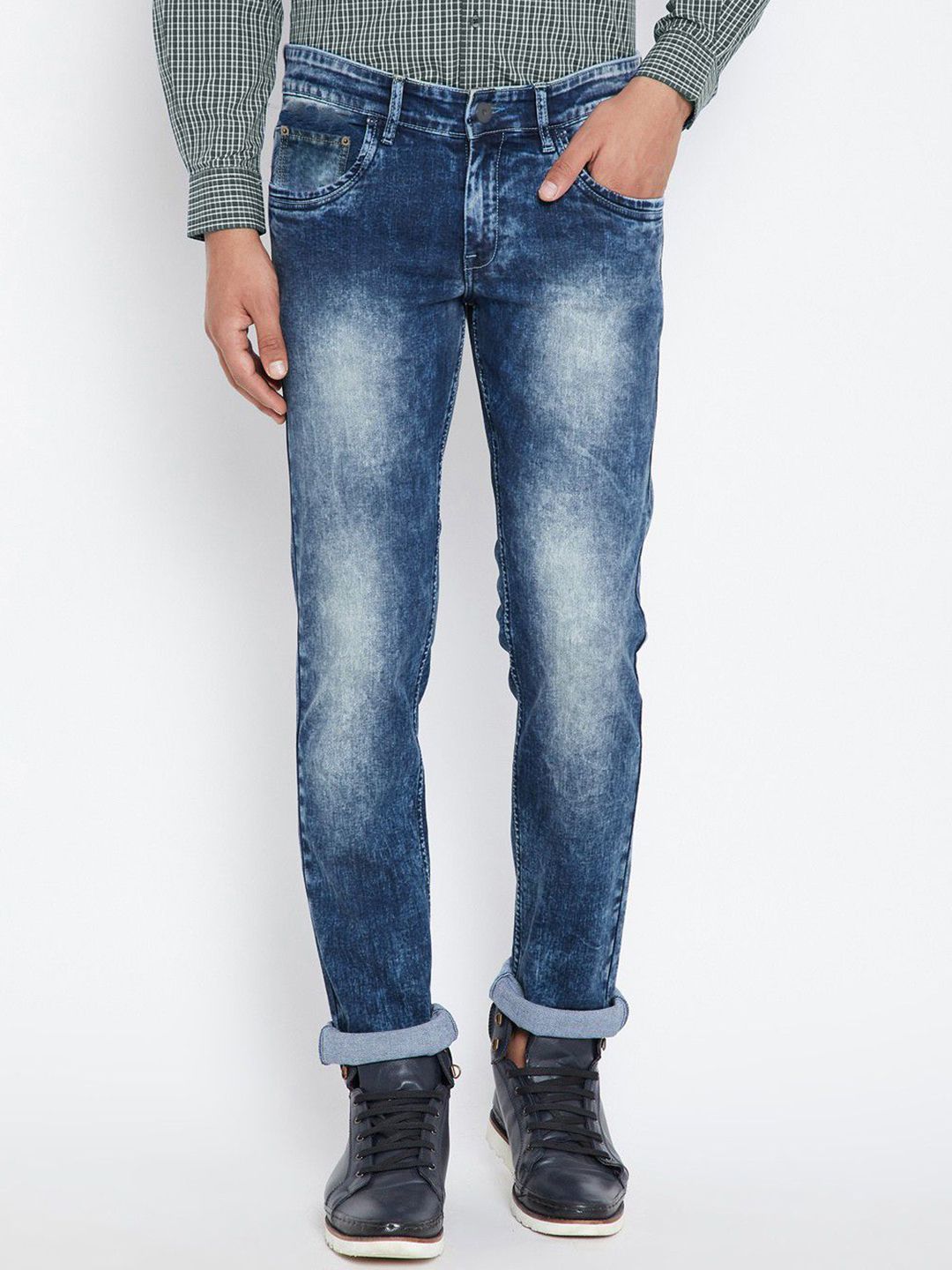 fineblu Men Boyfriend Fit Mid-Rise Heavy Fade Stretchable Jeans