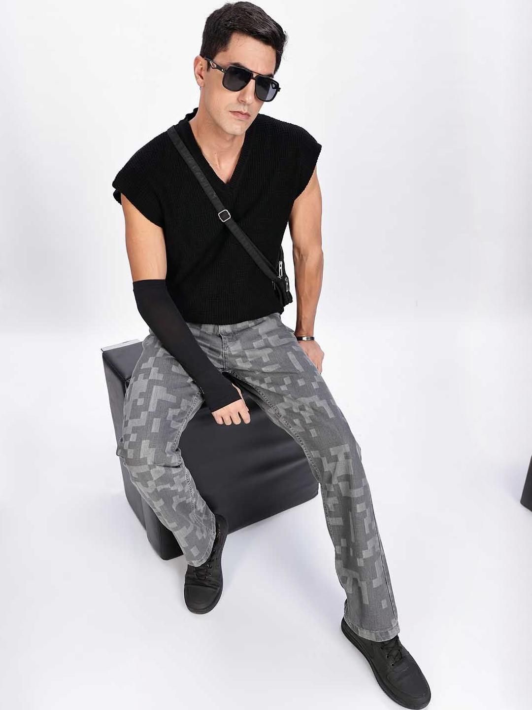 HERE&NOW Men Printed Straight Fit Mid-Rise Pure Cotton Jeans