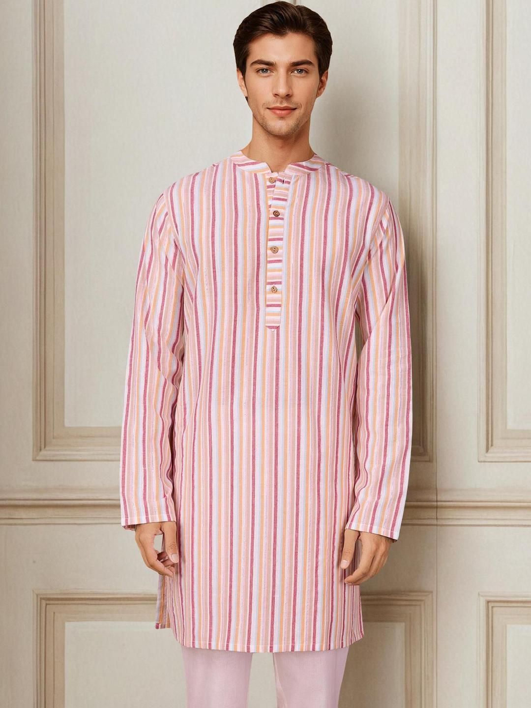 House of Pataudi Striped Band Collar Pure Cotton Kurta