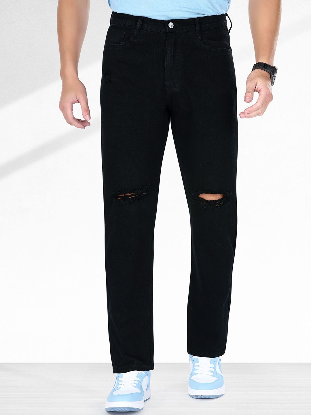 me Queen Men Straight Fit Mid-Rise Pure Cotton Slash Knee Jeans