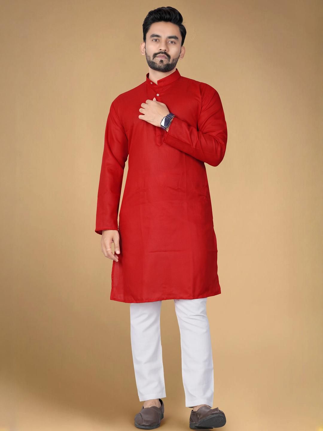 DVILLA Men Cotton Solid Straight Kurta