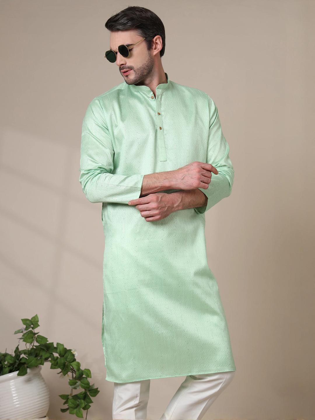 ADHIRAJAN Men Cotton Silk Woven Design Straight Kurta