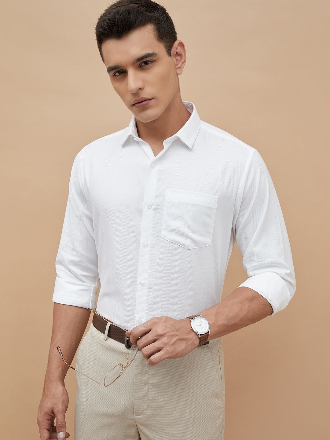 CODE by Lifestyle Men Solid Spread Collar Cotton Formal Shirt